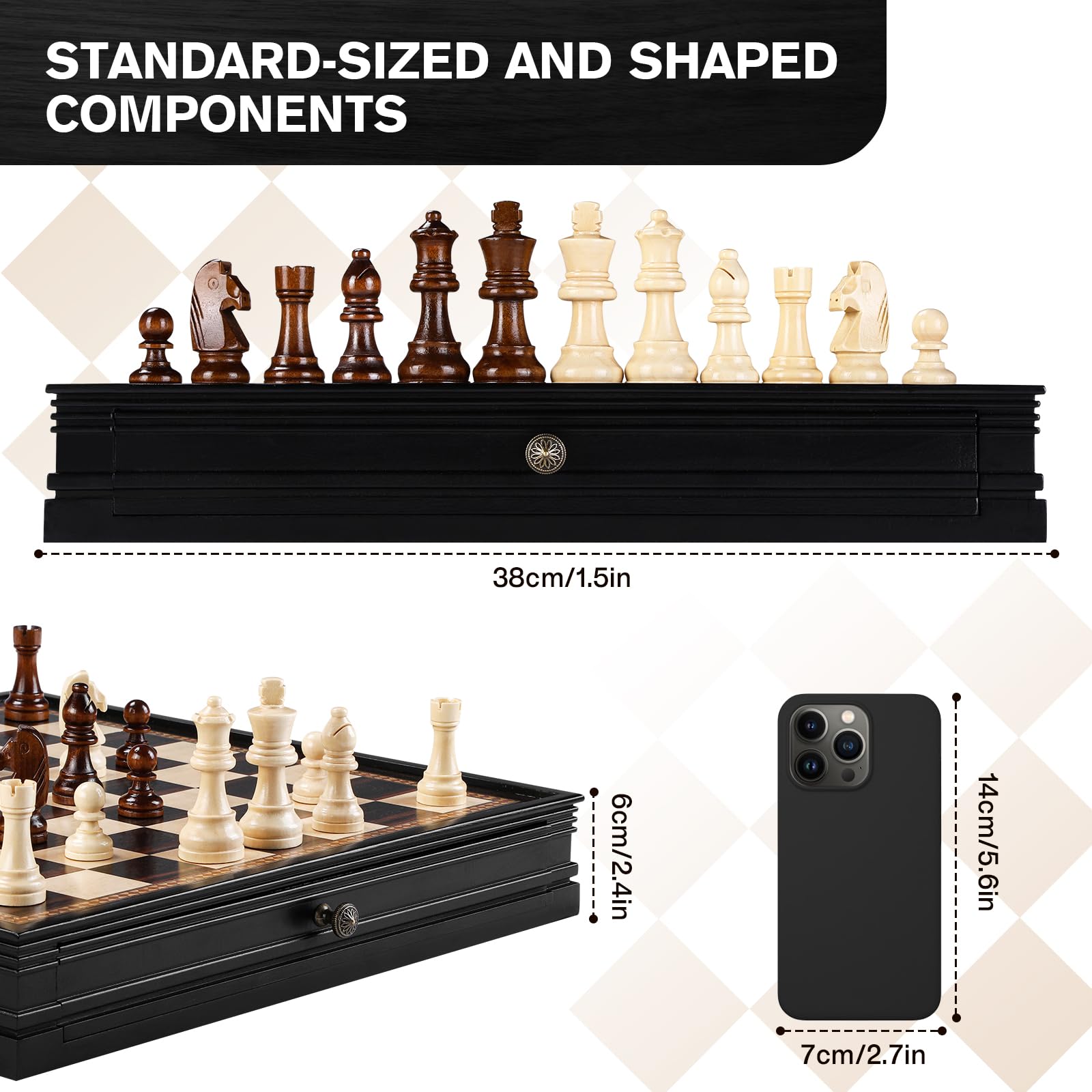 Peradix Magnetic Chess and Checkers Set with 2 Built-in Storage Drawers, Classic 2 in 1 Wooden Board Games, Magnetic Chess Pieces 2 Extra Queens, 12.8" Chess Set for Adults and Kids Gift Package
