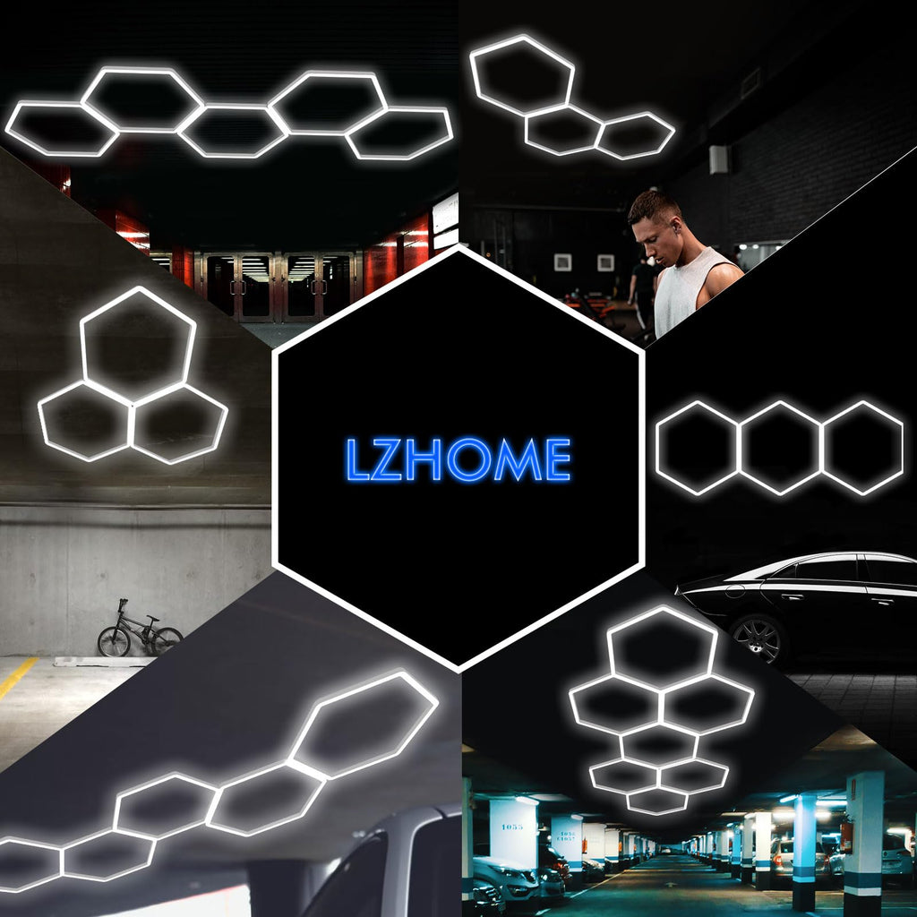 LZHOME LED Hexagon Garage Light: 12700LM Car Detailing Shop Light, DIY Splicing Ceiling & Wall Decor Lights, for Workshop Basement Gym Warehouse Bar Gaming Room