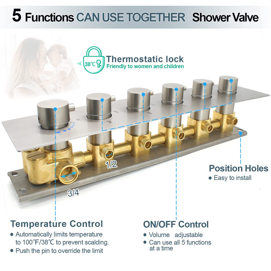 HOMEDEC 2 Way Shower Diverter Valve Brass Dual Functions Thermostatic Shower Mixing Valve Kit 3 Handle Flow Control Valve, 3/4 Inch Inlet, Can Use All Options At a Time, Matte Black