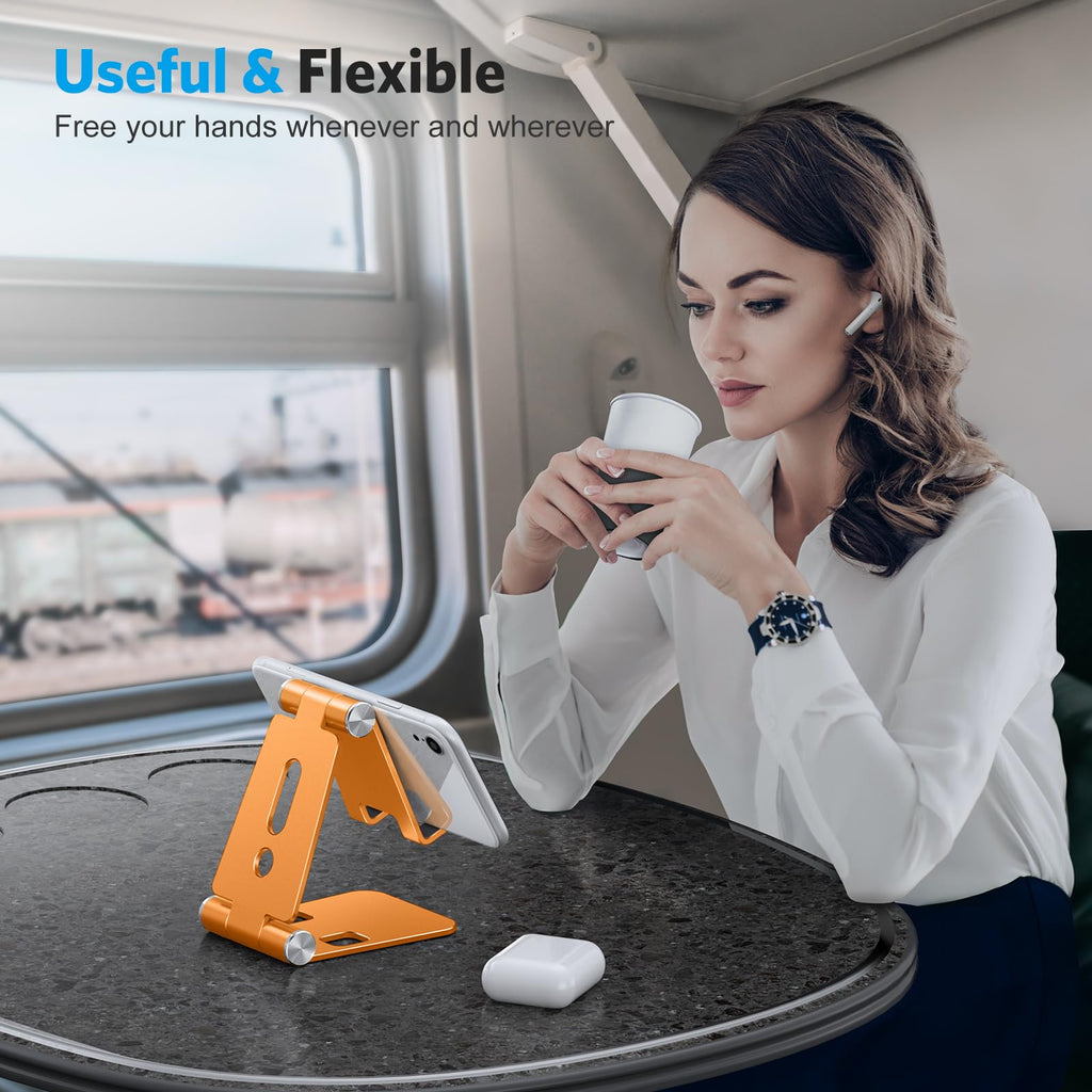 OMOTON Foldable Cell Phone Stand, C4 Portable Aluminum Phone Holder, Adjustable Phone Dock Cradle for iPhone 17/16/15 Pro Max Air, Small Tablets, All Smart Phones for Women Men Gift, Silver