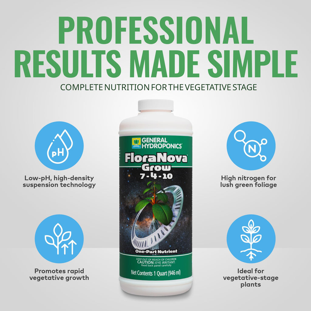 General Hydroponics HGC718805 FloraNova Grow 7-4-10, Robust Strength of Dry Fertilizer But in Rapid Liquid Form, Use for Hydroponics, Soilless Mixtures, Containers & Garden Grown Plants, 1-Gallon