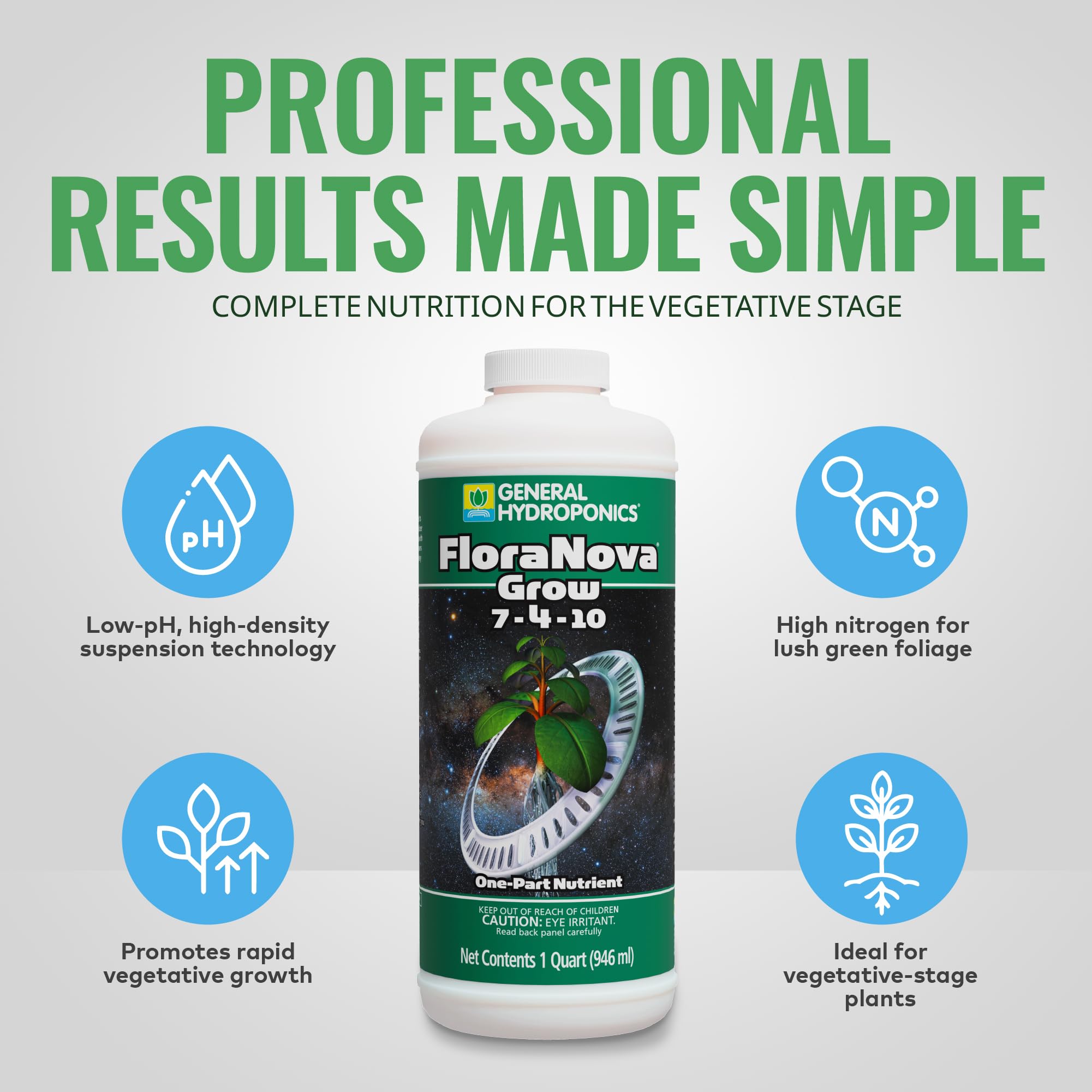 General Hydroponics HGC718805 FloraNova Grow 7-4-10, Robust Strength of Dry Fertilizer But in Rapid Liquid Form, Use for Hydroponics, Soilless Mixtures, Containers & Garden Grown Plants, 1-Gallon