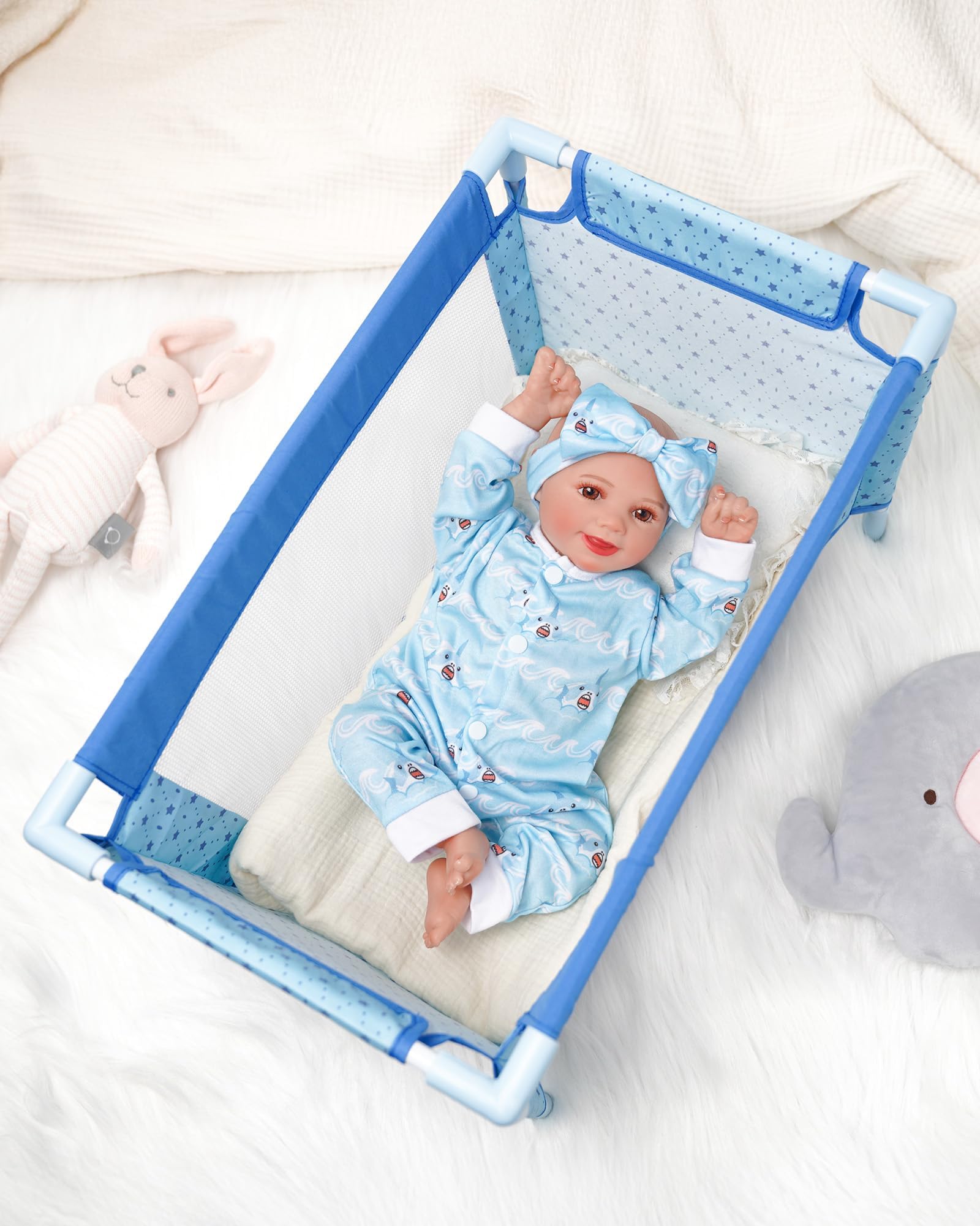 BABESIDE Baby Doll Crib Set for 18 Inch Dolls, Baby Doll Bed Playpen Toy Crib with Storage Bag for Reborn Baby Doll Accessories