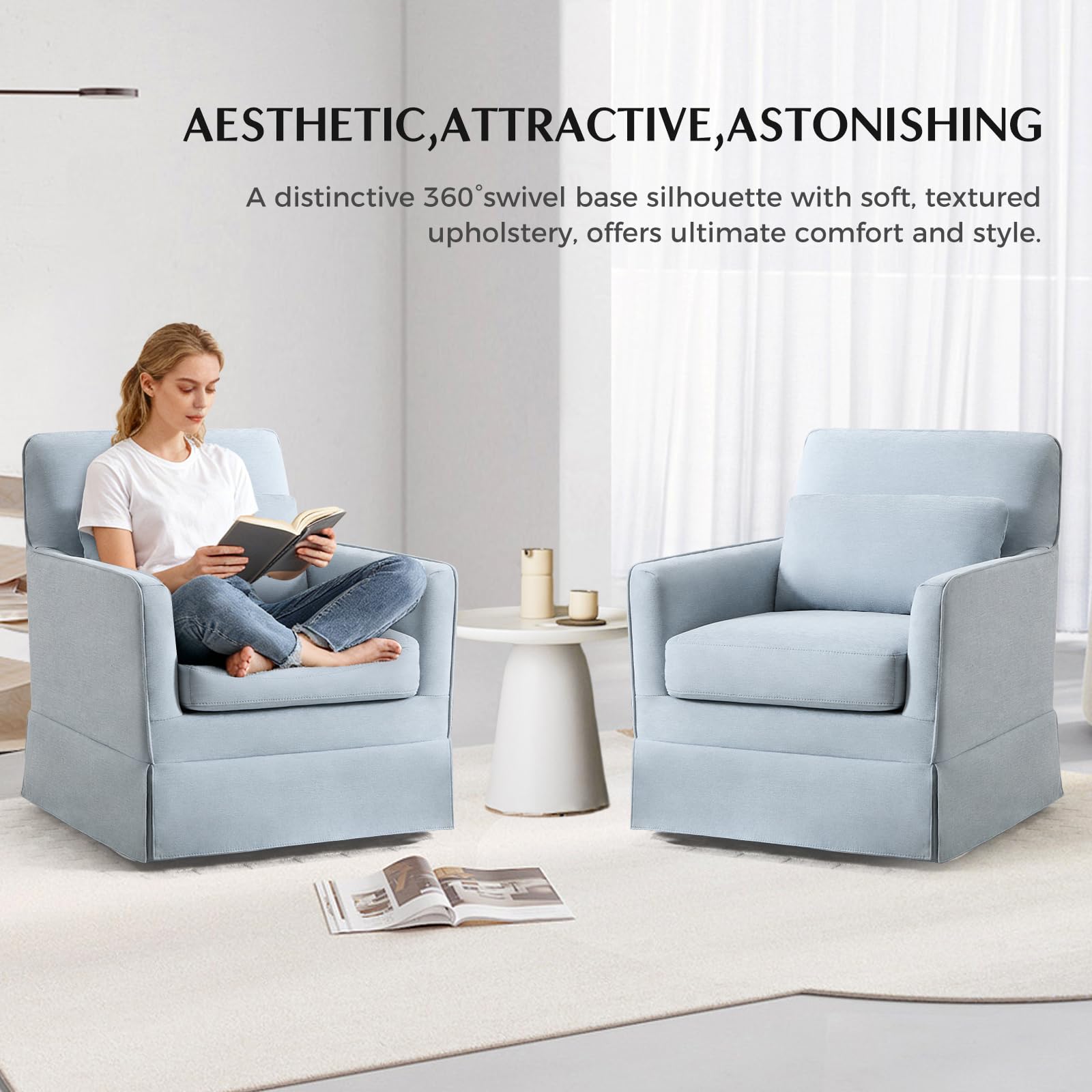 INZOY Swivel Accent Chair Linen Mid Century Modern Chair, Comfy Swivel Barrel Reading Chair, Upholstered Square Chair for Living Room Bedroom Small Spaces, Fully Assembled, Beige