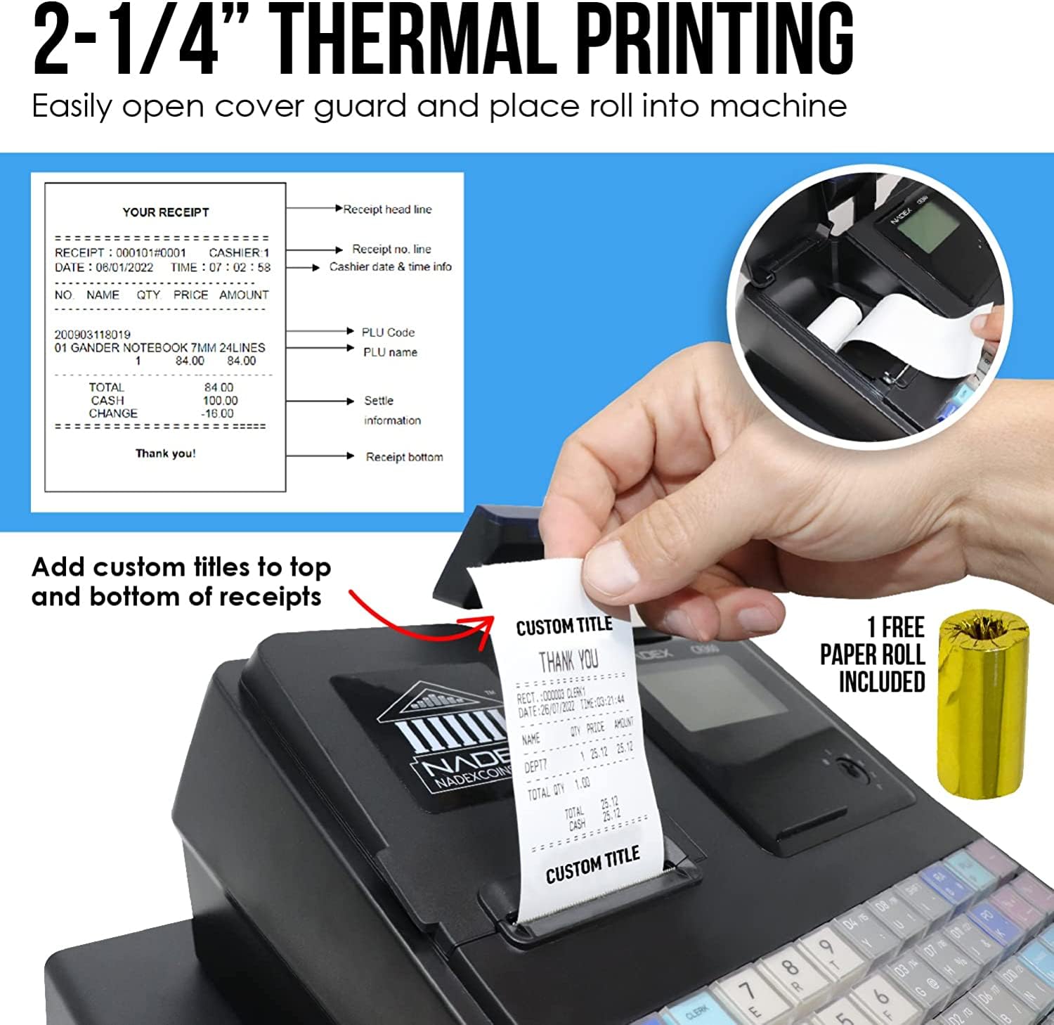 Nadex CR360 Cash Register, 4700 Lookups 50 Dept 50 Clerks, Quick Load Thermal Printer, Compact Size, Cash and Coin Drawer, Black