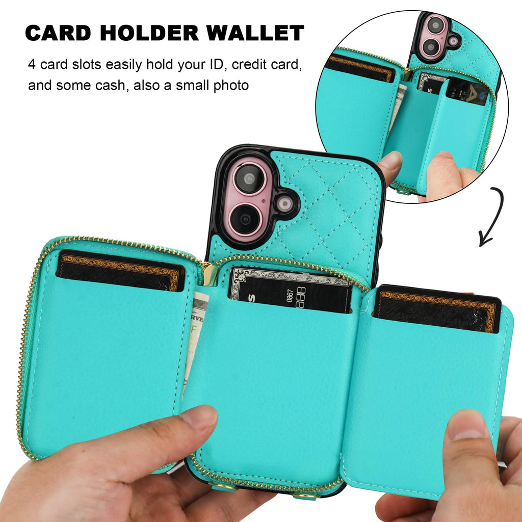 Bocasal Crossbody Wallet Case for iPhone 16, RFID Blocking PU Leather Zipper Handbag Purse Flip Cover, Kickstand Folio Case with Card Slots Holder Wrist Strap Lanyard 5G 6.1 Inch (Black)