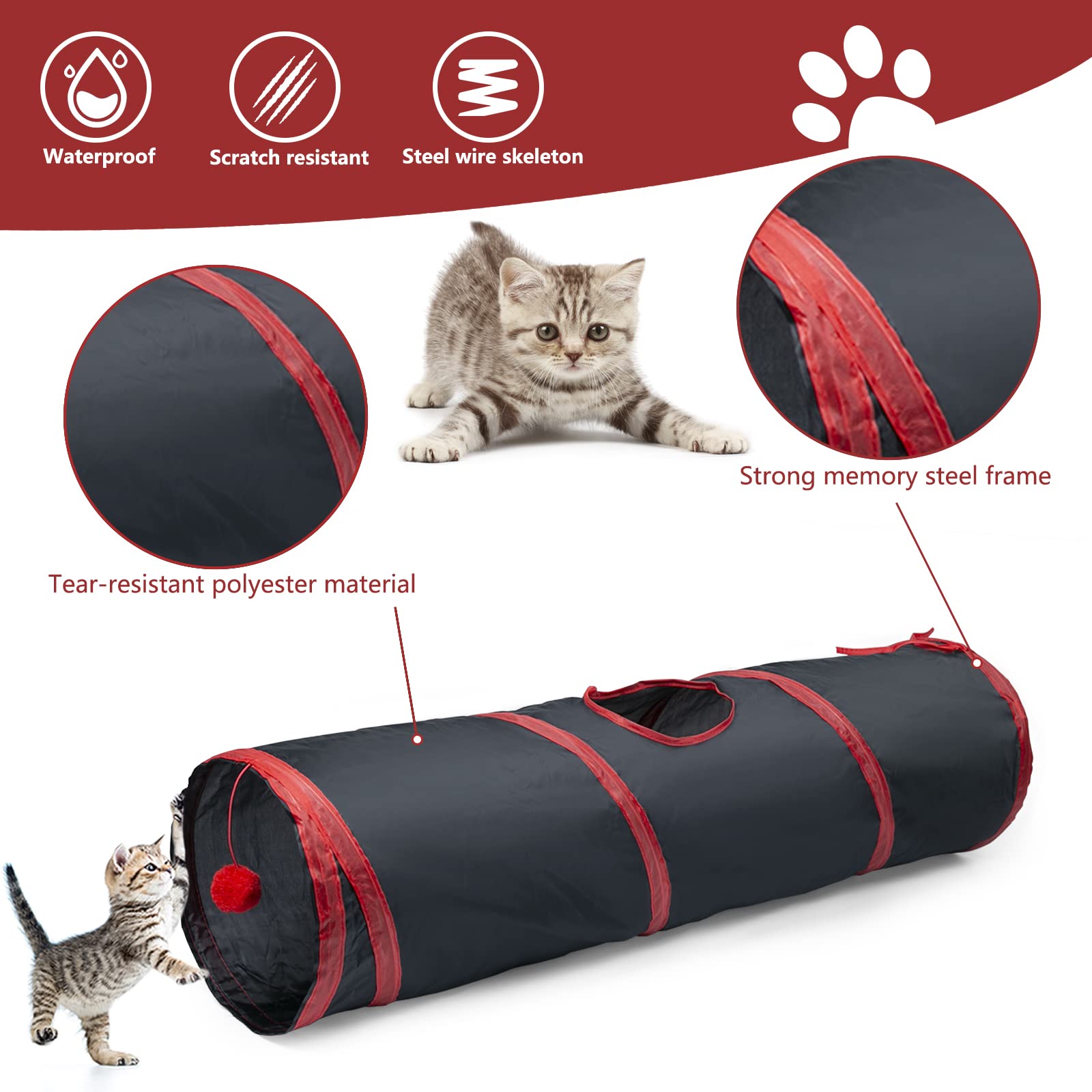 Sheldamy Cat Tunnel, 2-Way Collapsible Play Tunnel, Interactive Toy Maze for Small Animals, Suitable for Kittens, Puppies, Rabbits, Ferrets, Blue & Black