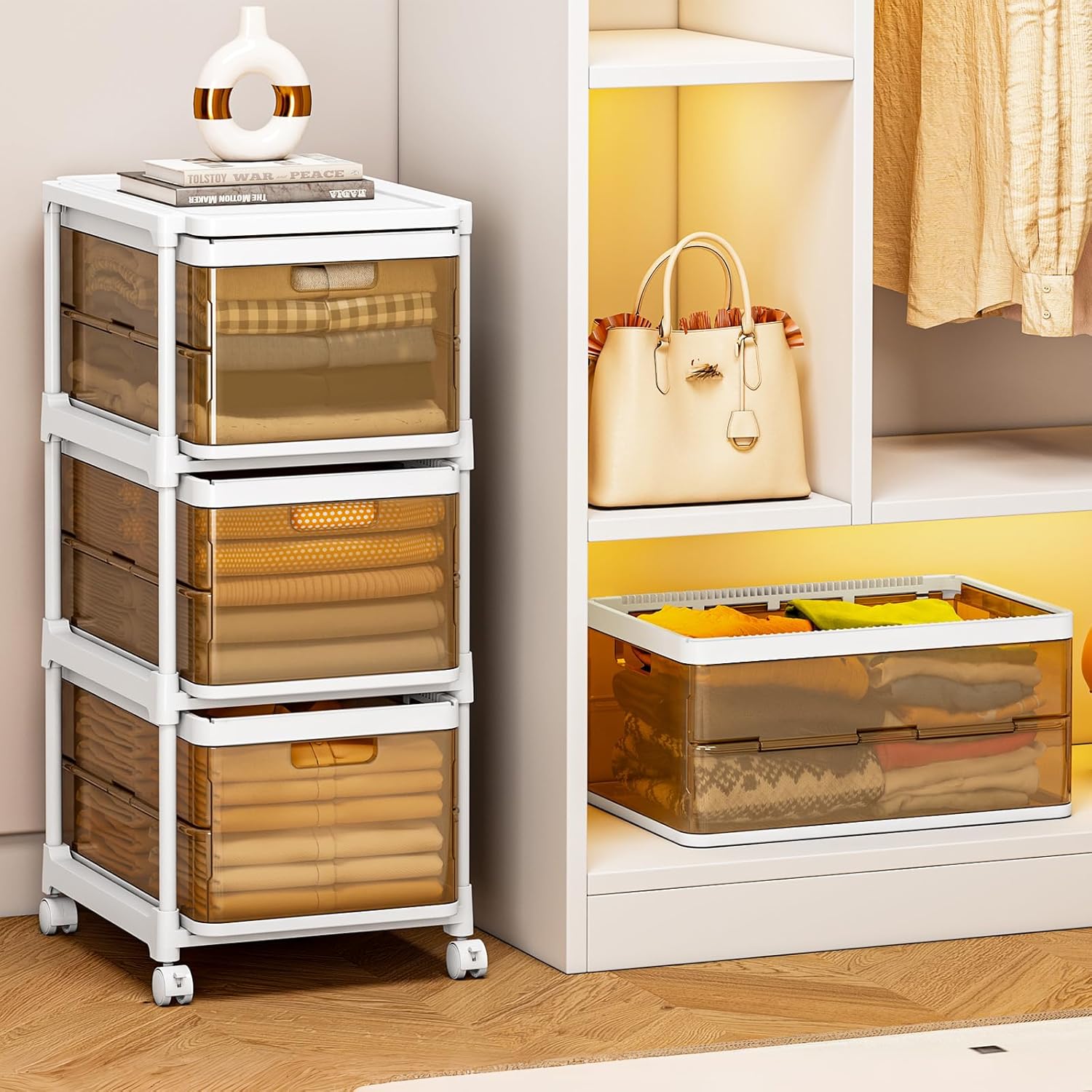 NestOrganix 3 Drawer Storage Organzier - Plastic Drawer Stroage, Stackable Storage Drawers, Storage Bins with Wheels, Foldable Drawer Organizer, 20 Quart/Bin, Total 60 Qurat