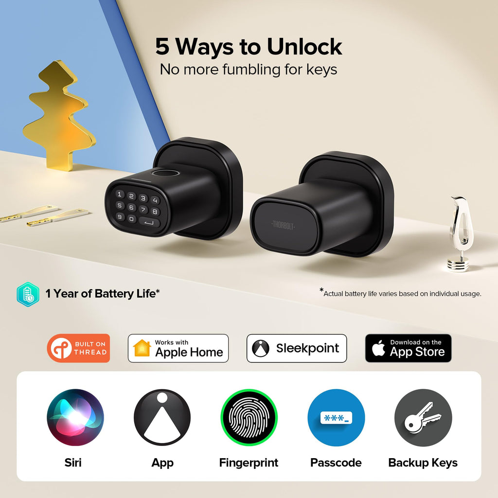 ThorBolt Fingerprint Door Lock with Keypad Door Knob, HomeKit Lock Over 𝗧𝗛𝗥𝗘𝗔𝗗, HomeKit Hub 𝗥𝗲𝗾𝘂𝗶𝗿𝗲𝗱, 𝗶𝗢𝗦 𝗢𝗡𝗟𝗬 Smart Lock for Interior Door, Bedroom, Office, MK1 Black