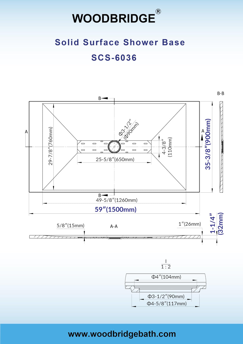 WOODBRIDGE 47.25 in L x 31.5 in W Zero Threshold Shower Base with Center Drain, Decorative Drain Plate, Tile Flange, Wheelchair Access, Low Profile, Black