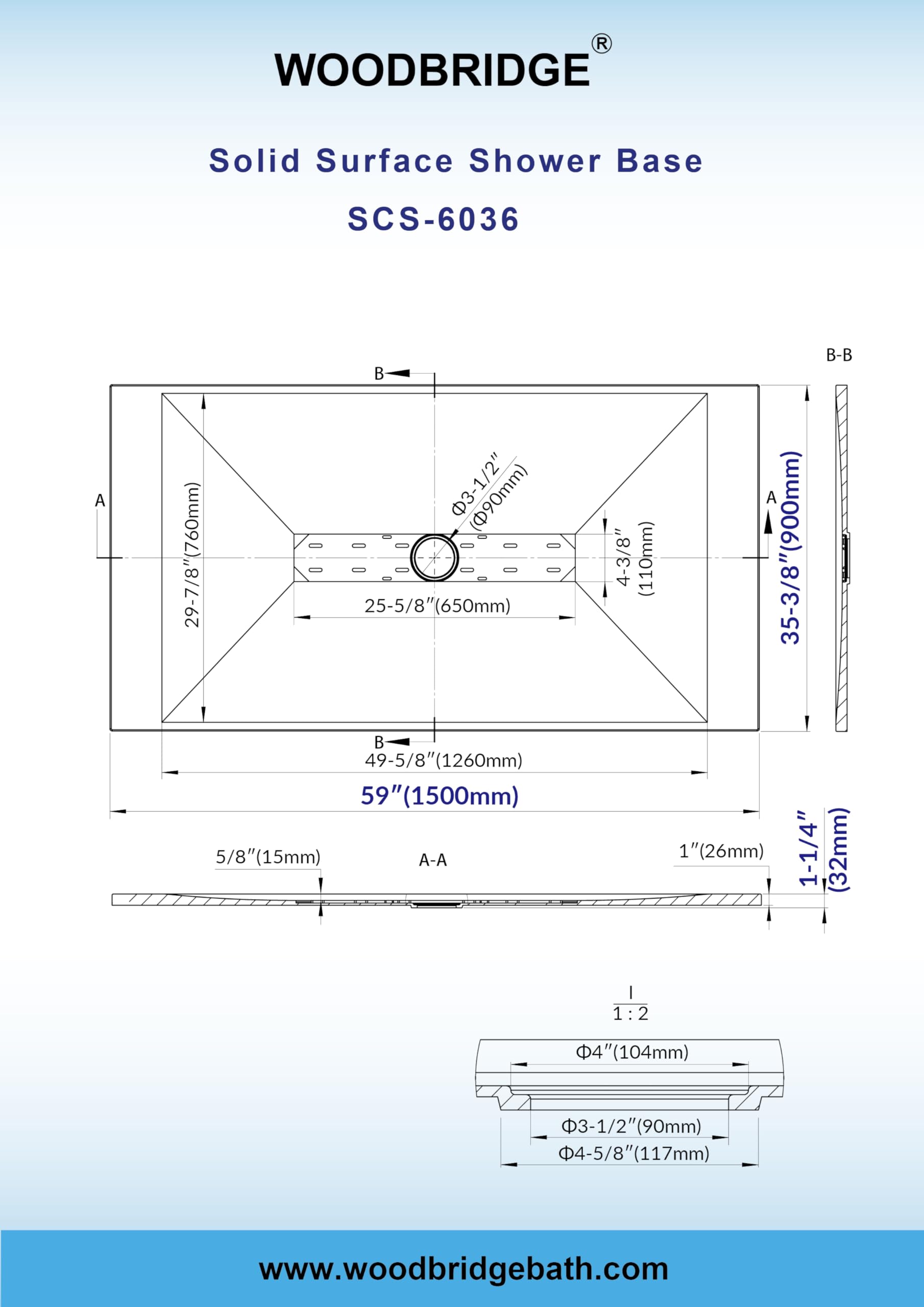 WOODBRIDGE 47.25 in L x 31.5 in W Zero Threshold Shower Base with Center Drain, Decorative Drain Plate, Tile Flange, Wheelchair Access, Low Profile, Black