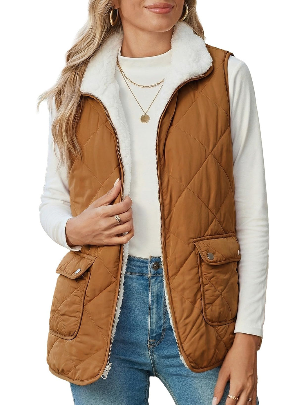 SHEWIN Women Puffer Vest Casual Stand Collar Sleeveless Puffer Jacket Warm Winter Reversible Zip Up Outerwear with Pockets