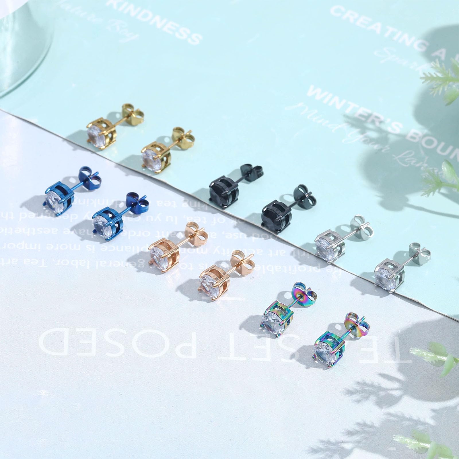 NEWITIN 12 Pairs Stainless Steel Stud Earrings for Men Hypoallergenic Earring Unisex Studs Inlaid Cubic Zirconia Men Earrings Hoop CZ Stud Earring Set for Women