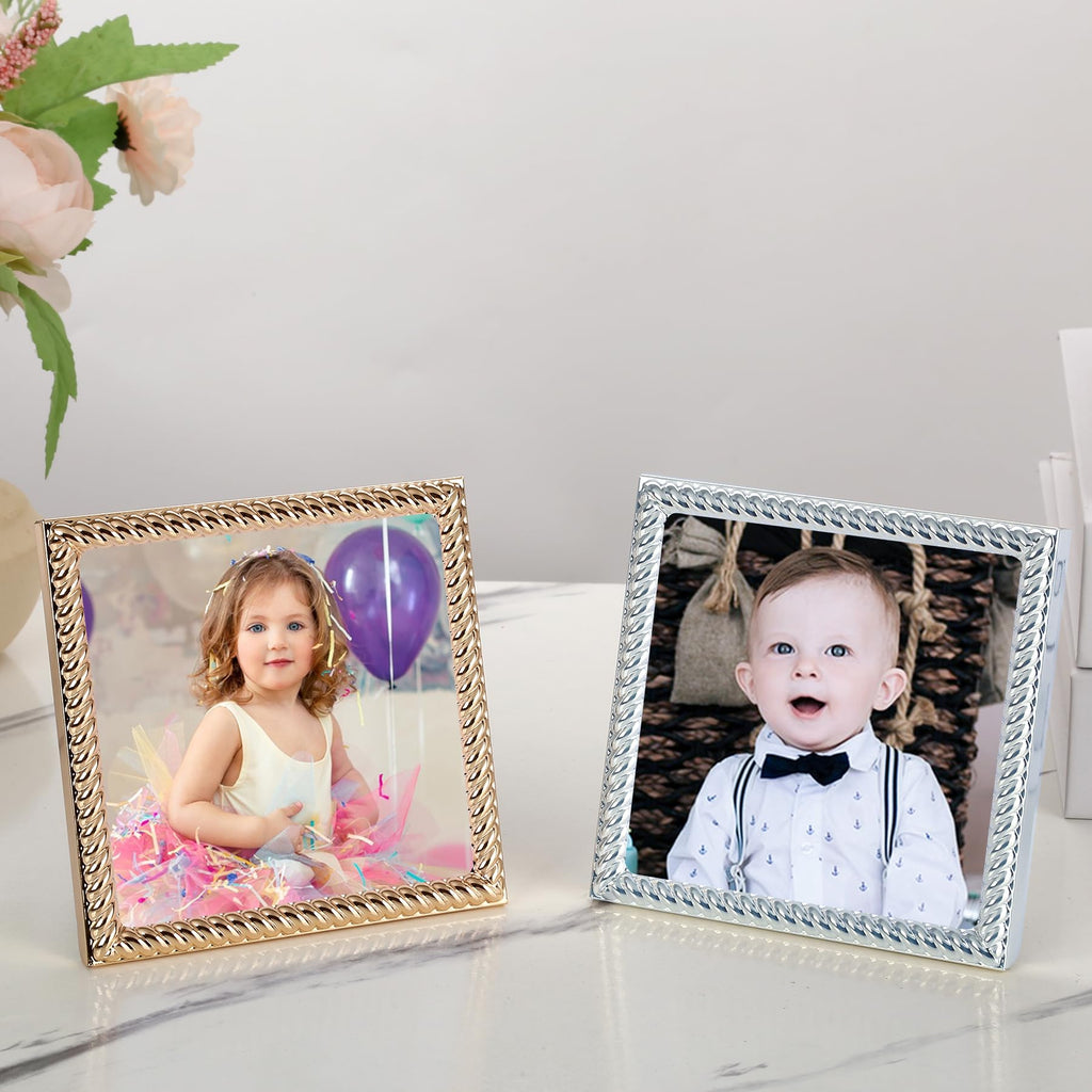 4x4 Gold Rope Design Metal Picture Frame With Mat for 3x3'', Premium Velvet Backing Real Glass Front Desktop & Wall Display Elegant Home Decor