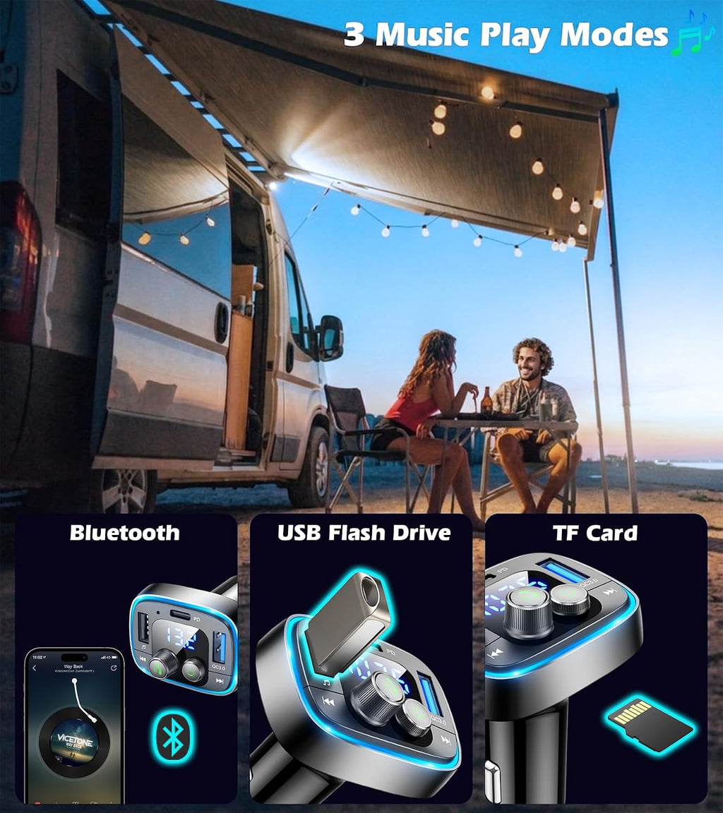 LIHAN FM Transmitter for Car Bluetooth Adapter 5.4,48W PD+QC Fast Charging,Hands-Free Calling,Streams Spotify/Navigation/Music via Car Radio,Wireless Upgrade Non-Bluetooth Cars,USB-C,USB/TF,12V/24V
