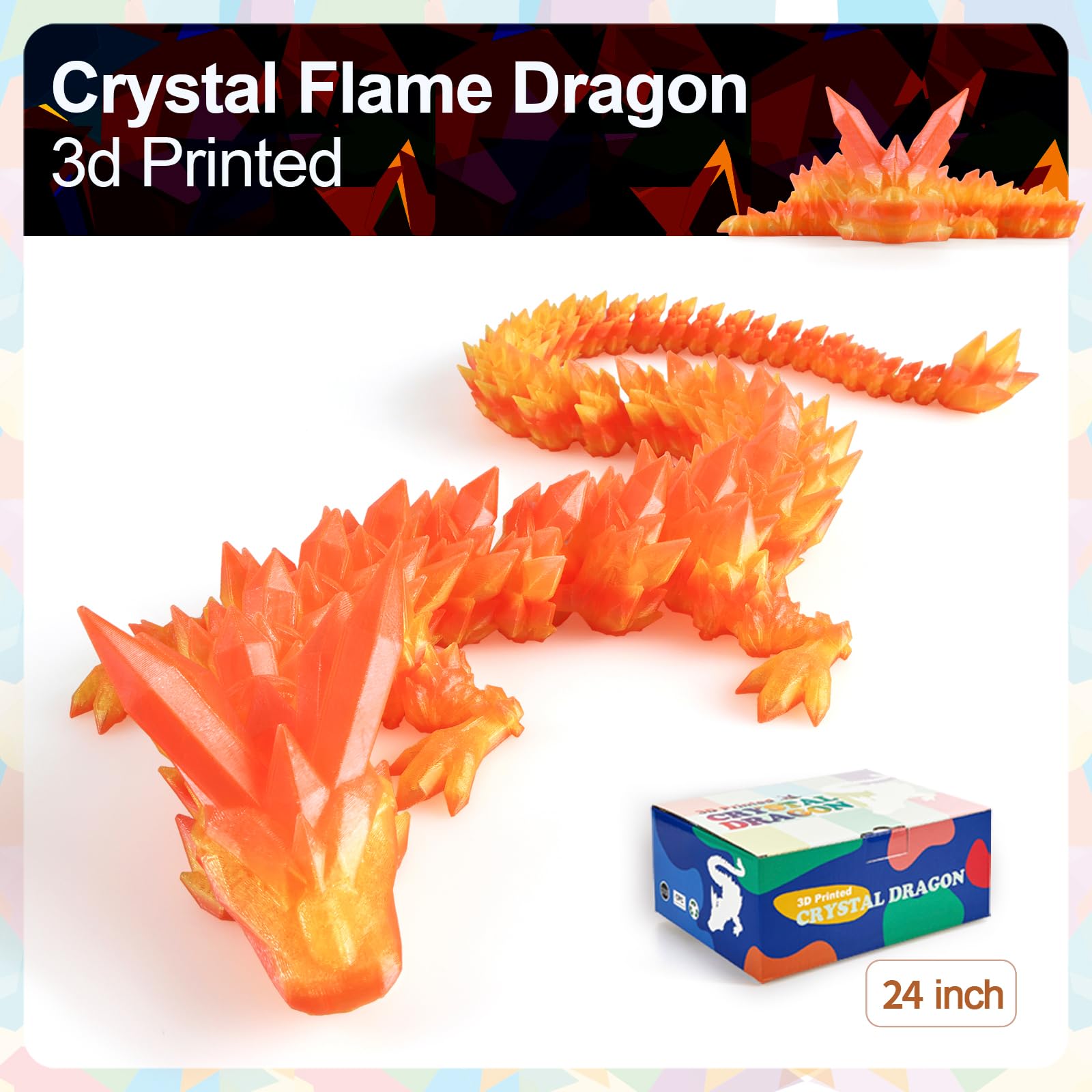 24" Large 3D Printed Dragon - Huge Articulated Crystal Dragon Fidget Toy, Giant Flexible 3D Dragon Figure, Birthday Gift for Boys Girls Kids & Collectors, Home Office Executive Desk Decor
