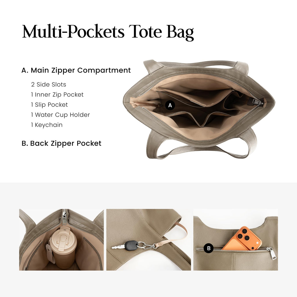 befen Soft Genuine Leather Tote Bag for Women Work with Zipper Slouchy Bags