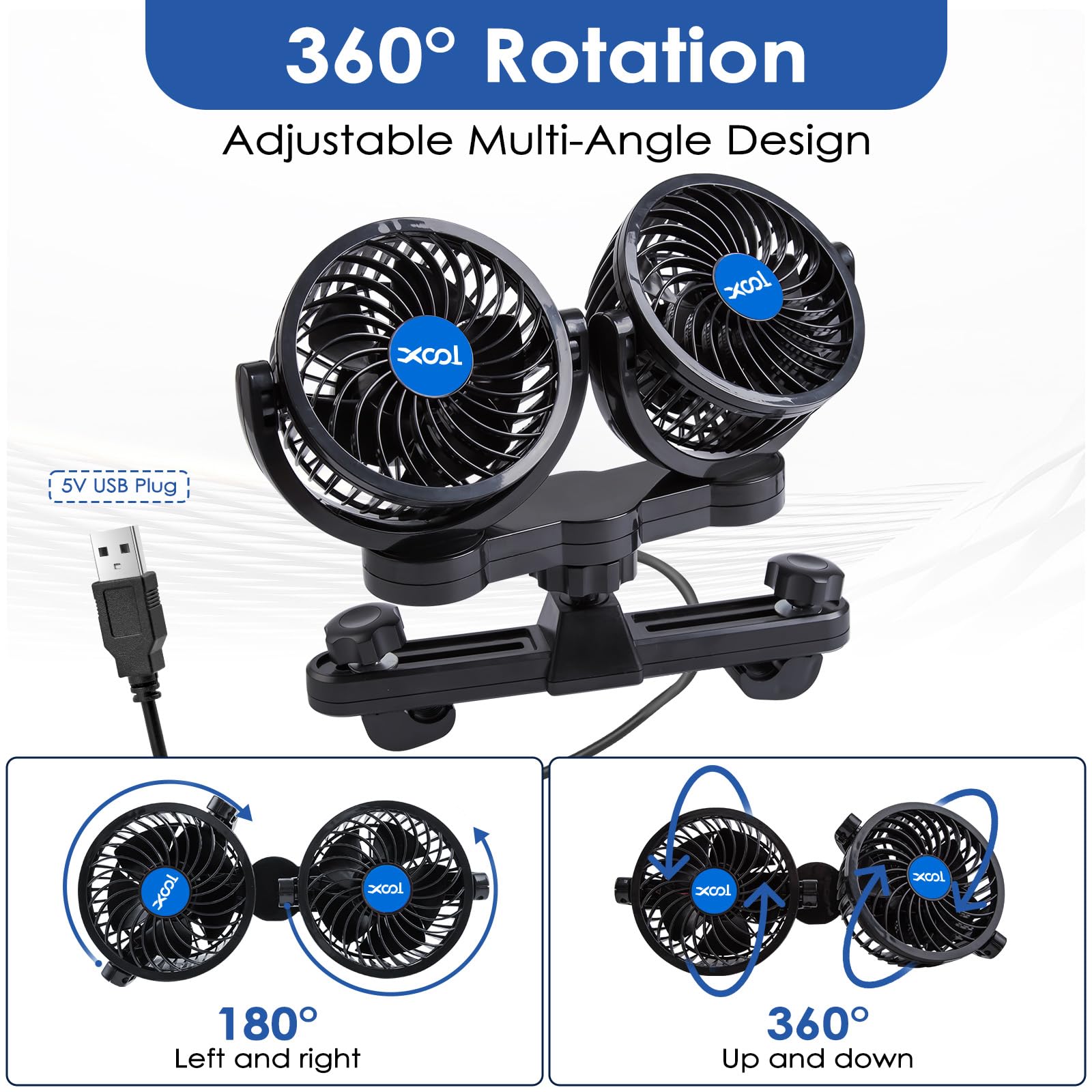 XOOL Clip Car Fan, 9 Inches 12V/24V Fan, 360° Rotatable Electric Cooling Clip on Fan with Stepless Speed Regulation for SUV, RV, Truck