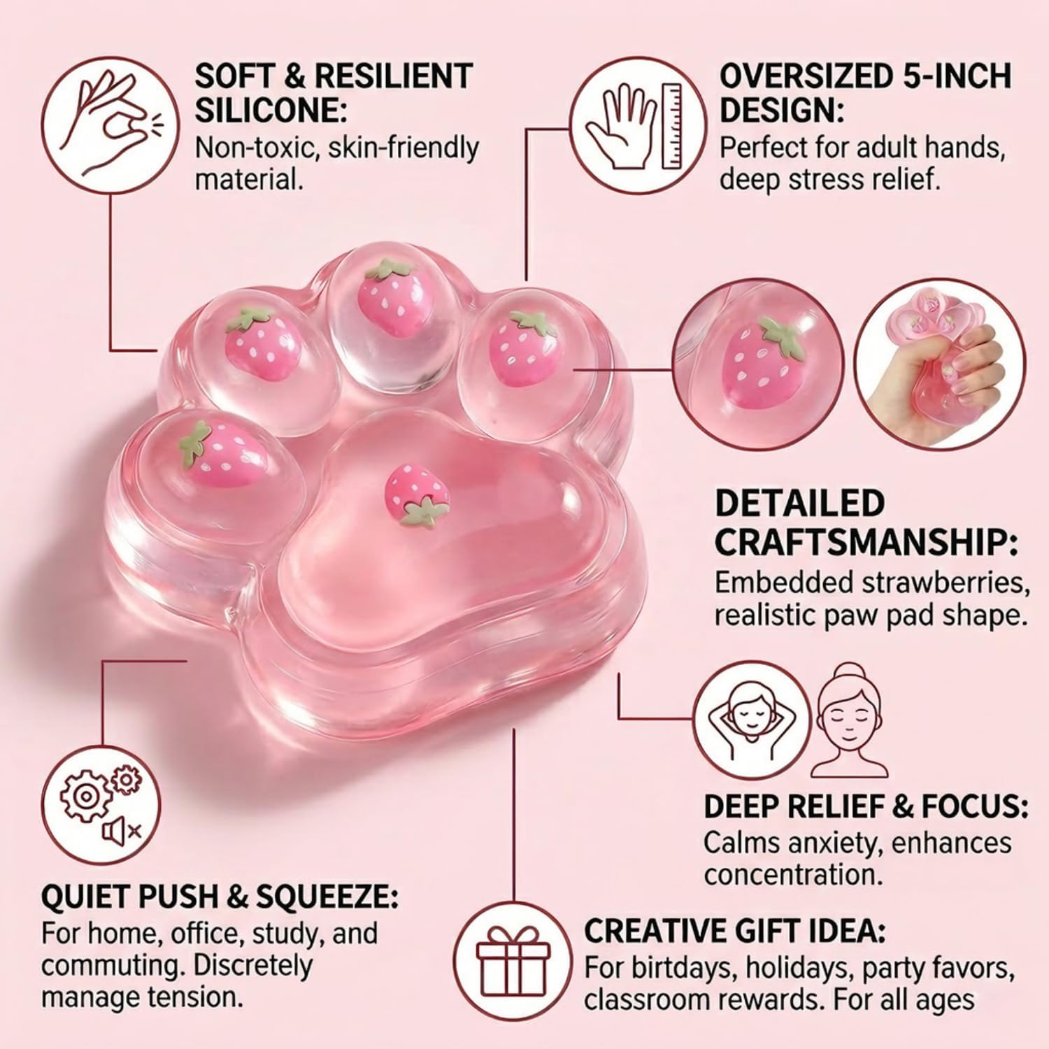 Oversized 𝟱 Inch Pink Cat Paw Squishy Toy/Strawberry Decor Taba Squishy Cat Paw/Soft Silicone Taba Squishy Paw Stress Relief Fidget Toy/Cute Desktop Ornament for Adults/Ideal Gift for Office & Study
