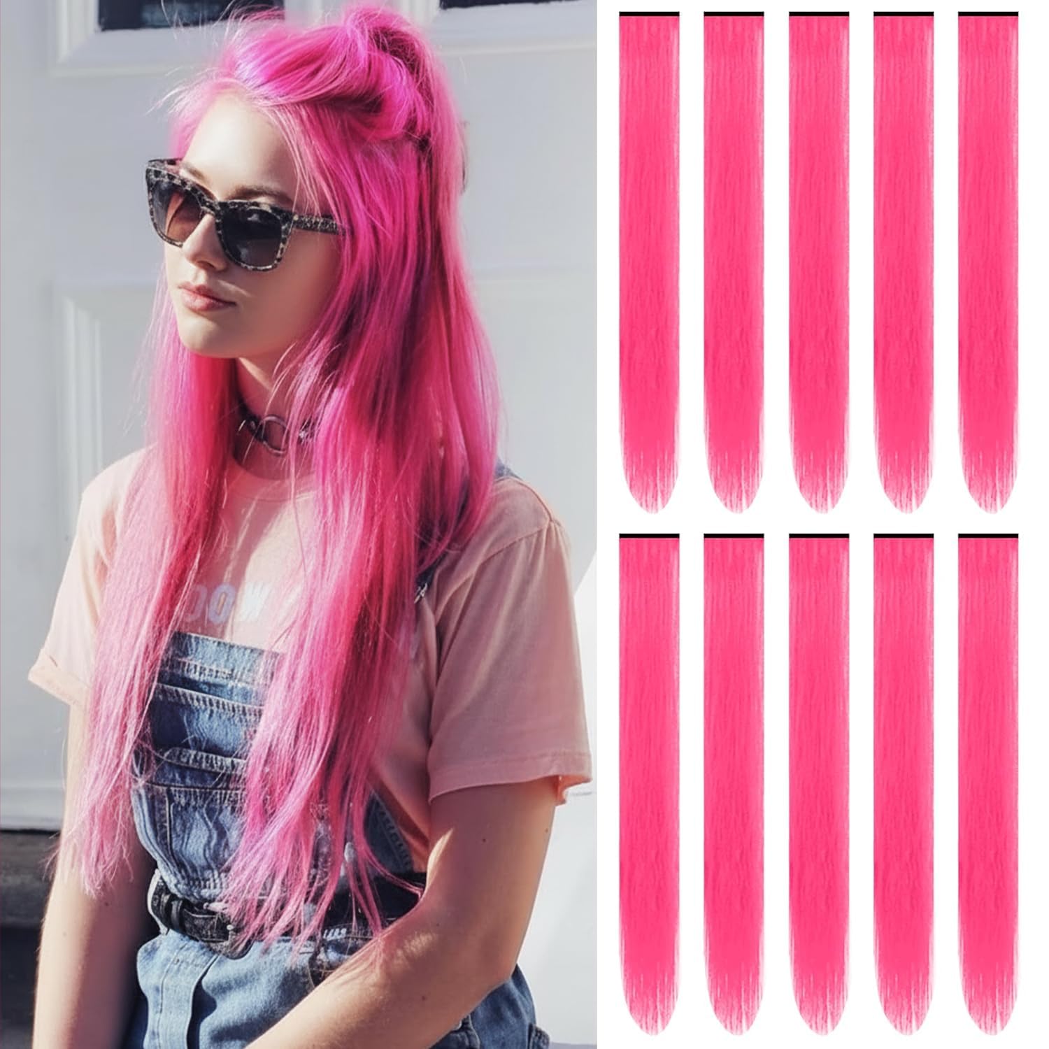 22 inch Colored Hair Extensions,Colorful Clip in Long Straight Synthetic Hair Extensions,Color Party Highlights Hairpieces for Women Girls Cosplay Styling(10 PCS Black)