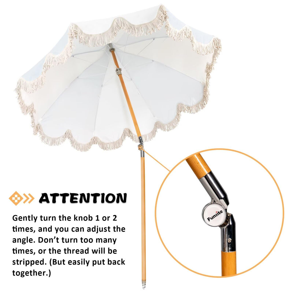 6.5ft Pagoda Beach Umbrella with Fringe, UPF 50+ Boho Umbrellas with Carry Bag, Premium Wood Pole Foldable Tassel Umbrella for Outdoor Garden Lawn Pool Yard Table