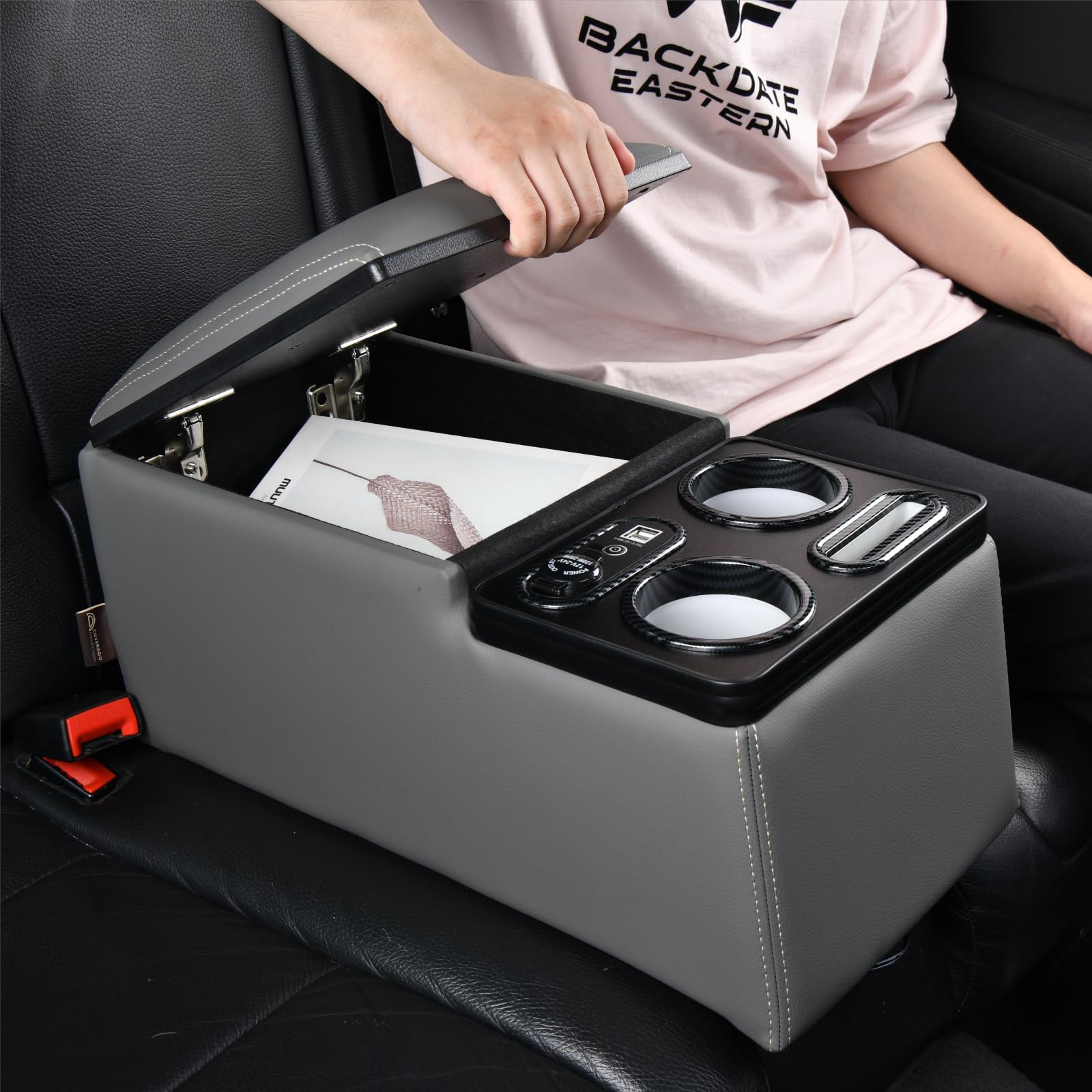 Coverado Car Center Console, Universal Rear Bench Seat Consoles, Truck Seat Organizer and Storage, Back Seat Car Organizer with Cup Holder, Large Storage Box, Central Armrest Box (Regular, Beige)