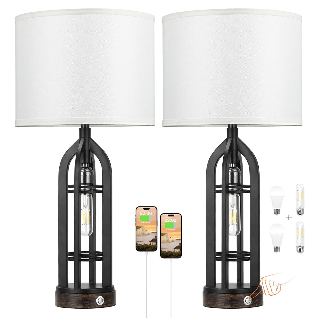 Seealle Table Lamp for Living Room Set of 2 - Wood-Like Bedside Lamp for Bedroom with USB C+A & Outlet, Farmhouse Lamps for Night Stands, 3-Way Dimmable Touch Lamps for Living Room