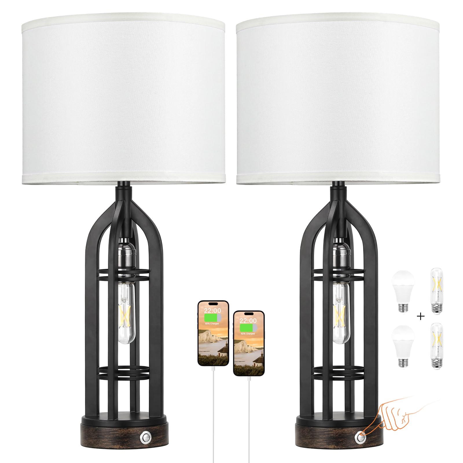 Seealle Table Lamp for Living Room Set of 2 - Wood-Like Bedside Lamp for Bedroom with USB C+A & Outlet, Farmhouse Lamps for Night Stands, 3-Way Dimmable Touch Lamps for Living Room