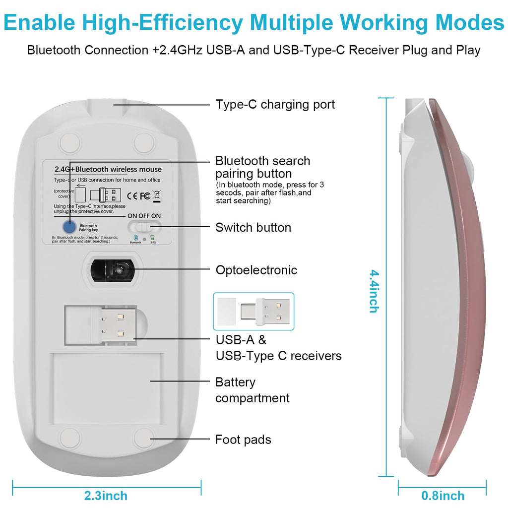 Mouse for MacBook Wireless Bluetooth Mouse Laptop MacBook Air Mac Pro Rechargeable Silent PC iPad Optical Mouse with Dual Mode Switch Bluetooth 5.2/3.0 and 2.4GHz USB Type-C Receiver Rose Gold