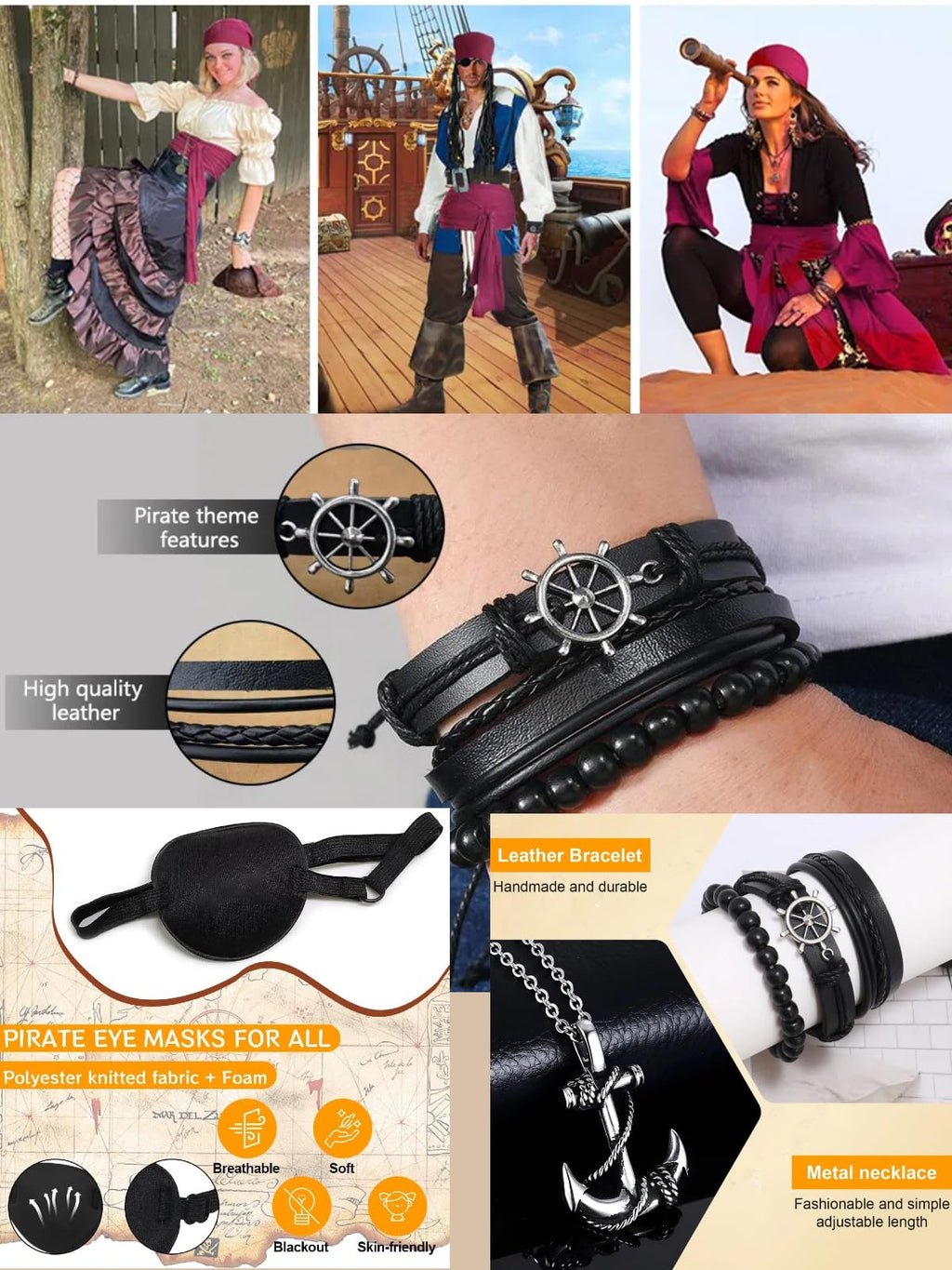Verceco Mens Pirate Costume Outfit Renaissance Costume Men Medieval Outfit With Pirate Pants Shirts Sash Accessories (Black, Medium)