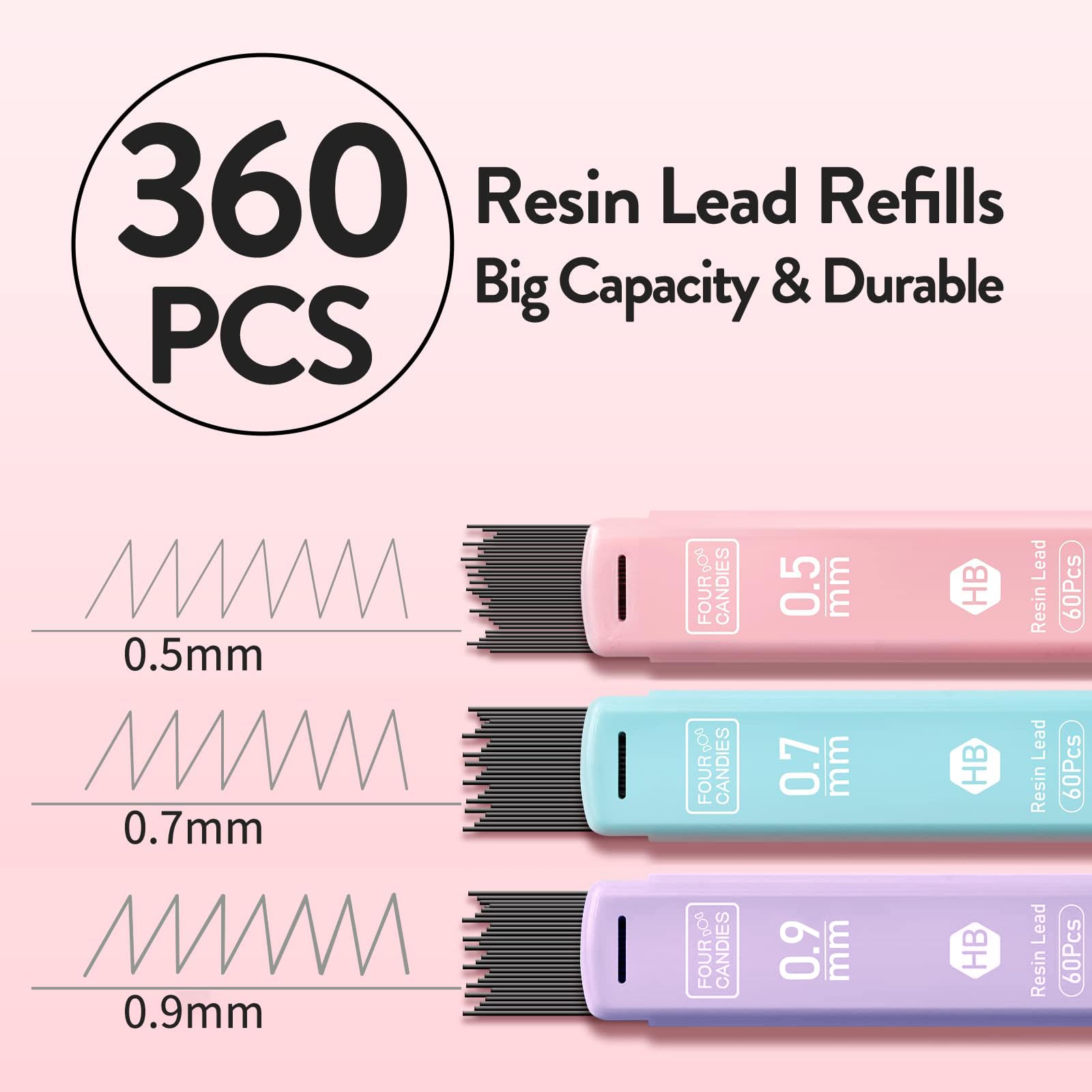 Four Candies Cute Mechanical Pencil Set, 6PCS Pastel Mechanical Pencils 0.5 & 0.7mm with 360PCS HB Leads, 3PCS Erasers and 9PCS Eraser Refills, Aesthetic School Supplies for Girls Writing
