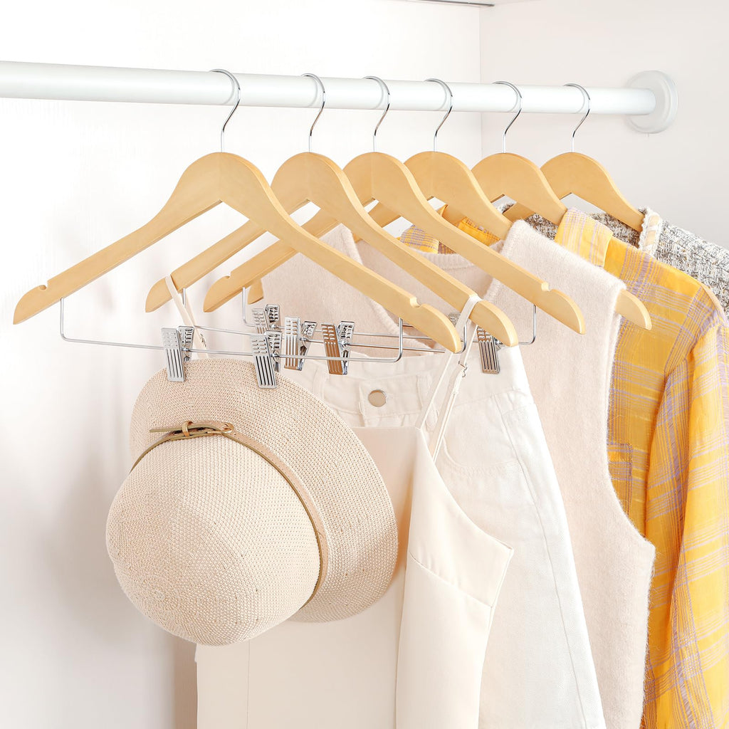TOPIA HANGER Wooden Suit Hangers with Adjustable Metal Clips (10 Pack), Solid Wood Clothes Hangers, 360° Swivel Hook, Premium Retro Finish Pants Hangers for Clothes Coat, Jeans, Blouse-CT28A