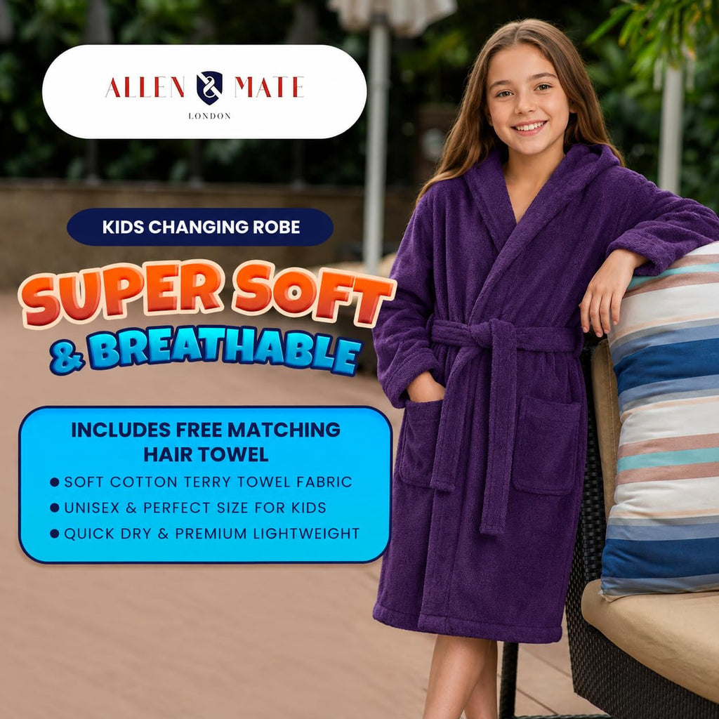ALLEN & MATE 100% COTTON Hooded Kids Bathrobe – Soft, Medium Weight Absorbent Bath Towel Robe for Boys & Girls, 6-15 Years