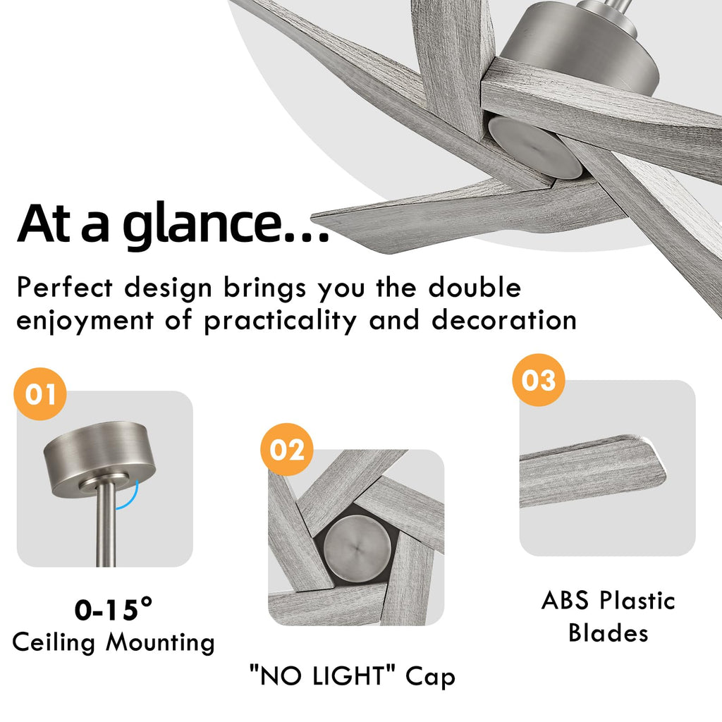 WINGBO 54" ABS DC Ceiling Fan No Light, 5 Blade Wood Grain ABS Ceiling Fan with Remote, 6-Speed Reversible DC Motor, Ceiling Fans without Light for Kitchen Bedroom Living Room, Antique Nickel and Grey