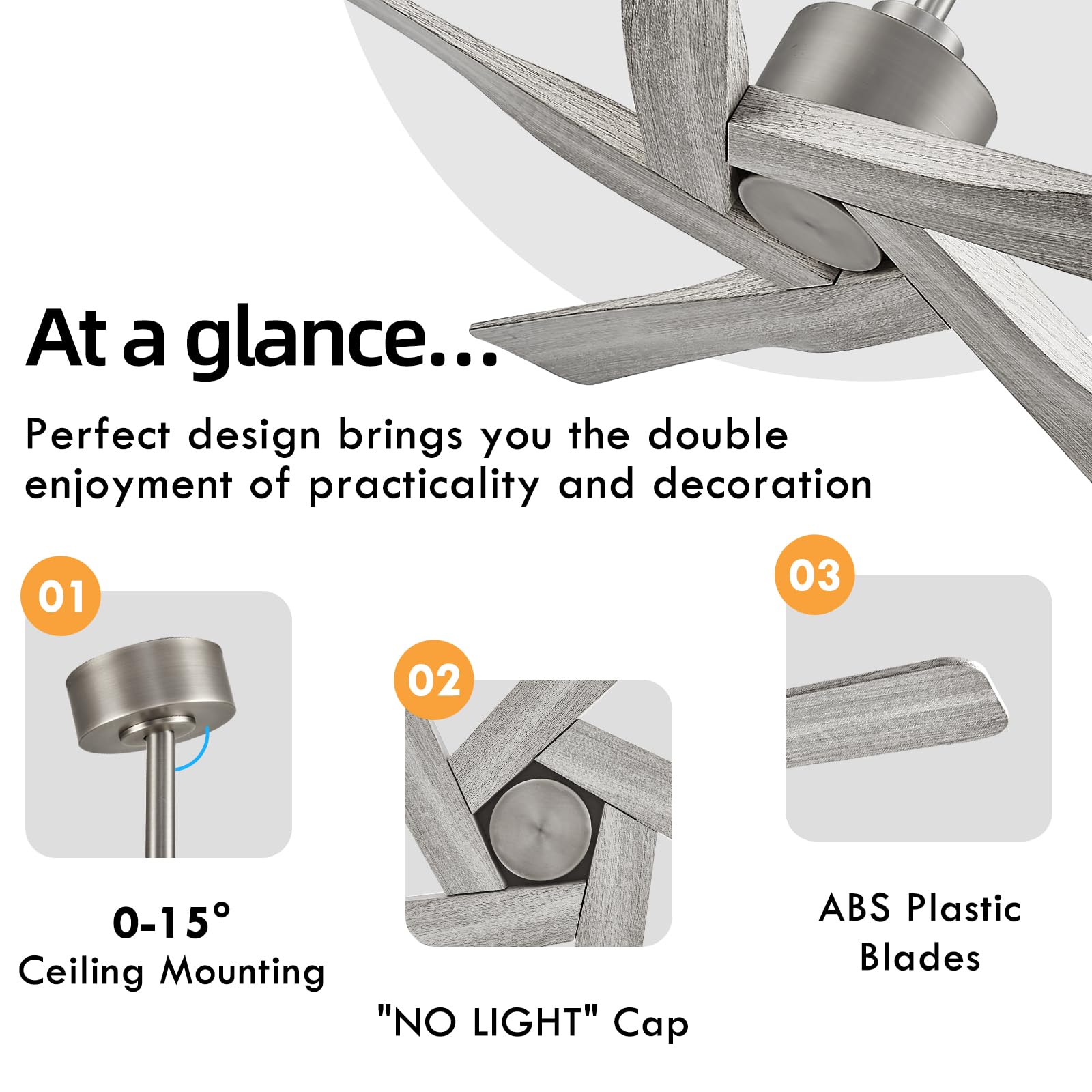 WINGBO 54" ABS DC Ceiling Fan No Light, 5 Blade Wood Grain ABS Ceiling Fan with Remote, 6-Speed Reversible DC Motor, Ceiling Fans without Light for Kitchen Bedroom Living Room, Antique Nickel and Grey