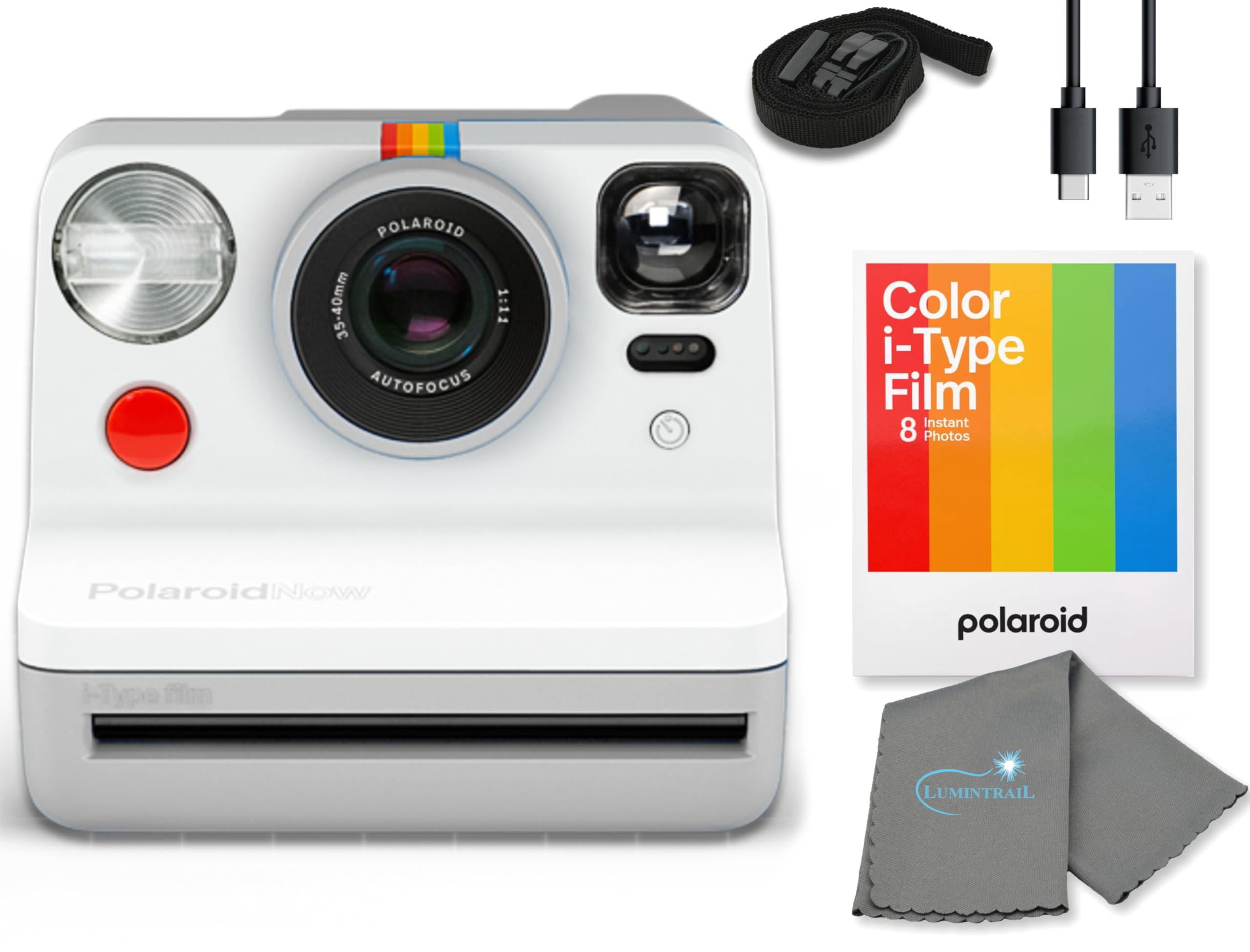 Polaroid Gen 2 Now I-Type Instant Film Camera - Black & White Bundle with a Color i-Type Film Pack (8 Instant Photos) and a Cleaning Cloth