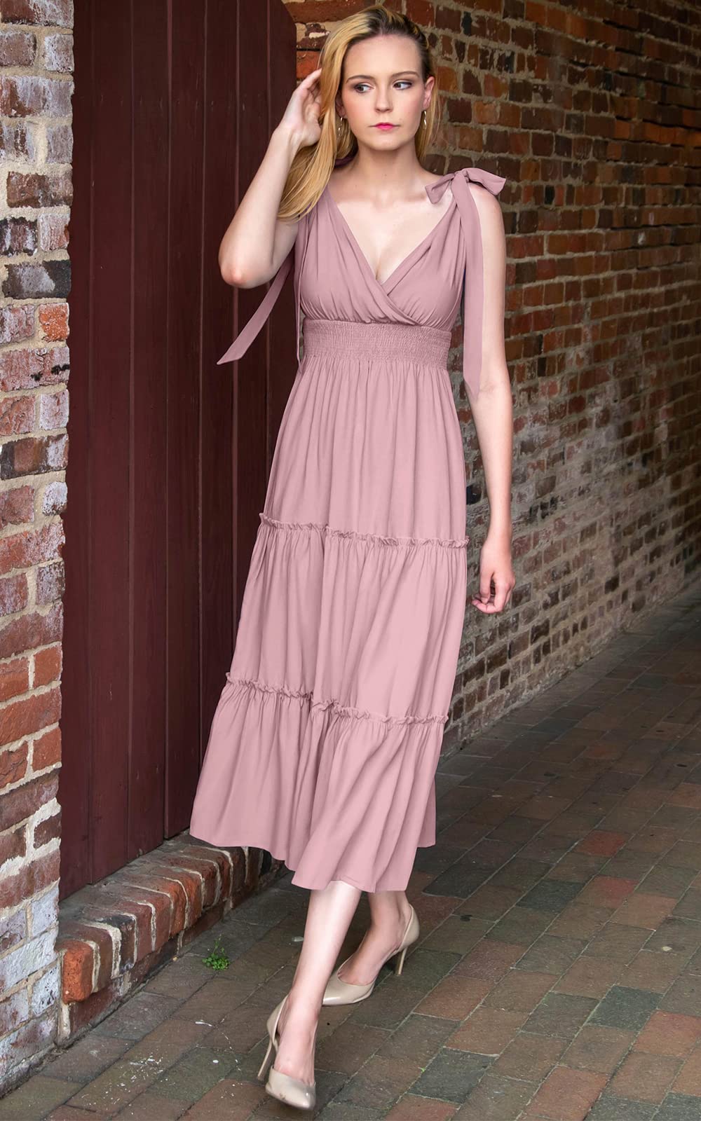 PRETTYGARDEN Women's Cross Neck Summer Sleeveless Tiered Maxi Dress Beach Tie Strap Smocked Long Dresses Pleated Sundress