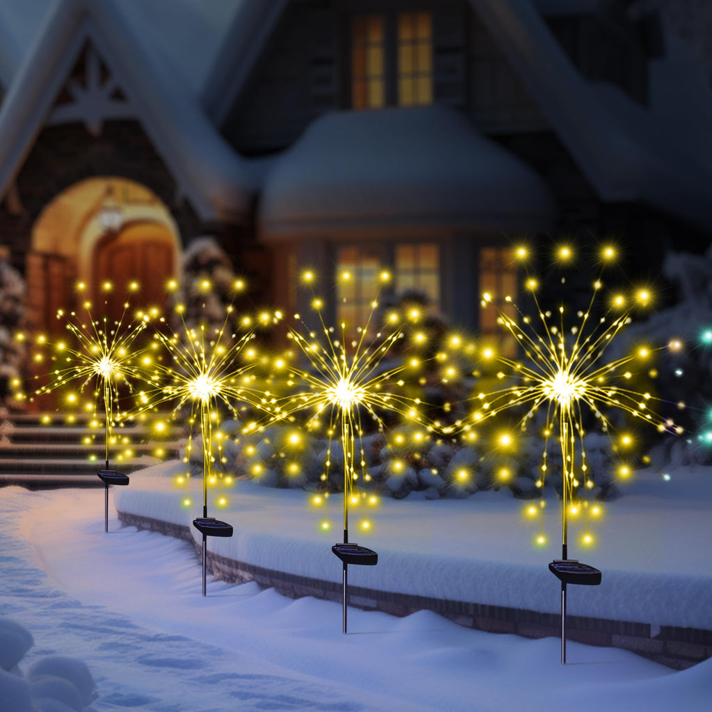 Solar Garden Firework Lights Outdoor Waterproof, 2 Pack Solar Powered Art Stake Twinkle Lighting for Outside Decor, 120 LED Sparklers String Lights for Yard Pathway Decorations(White)