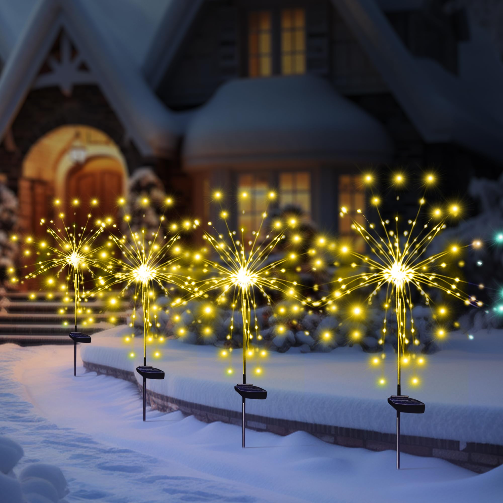 Solar Garden Firework Lights Outdoor Waterproof, 2 Pack Solar Powered Art Stake Twinkle Lighting for Outside Decor, 120 LED Sparklers String Lights for Yard Pathway Decorations(White)