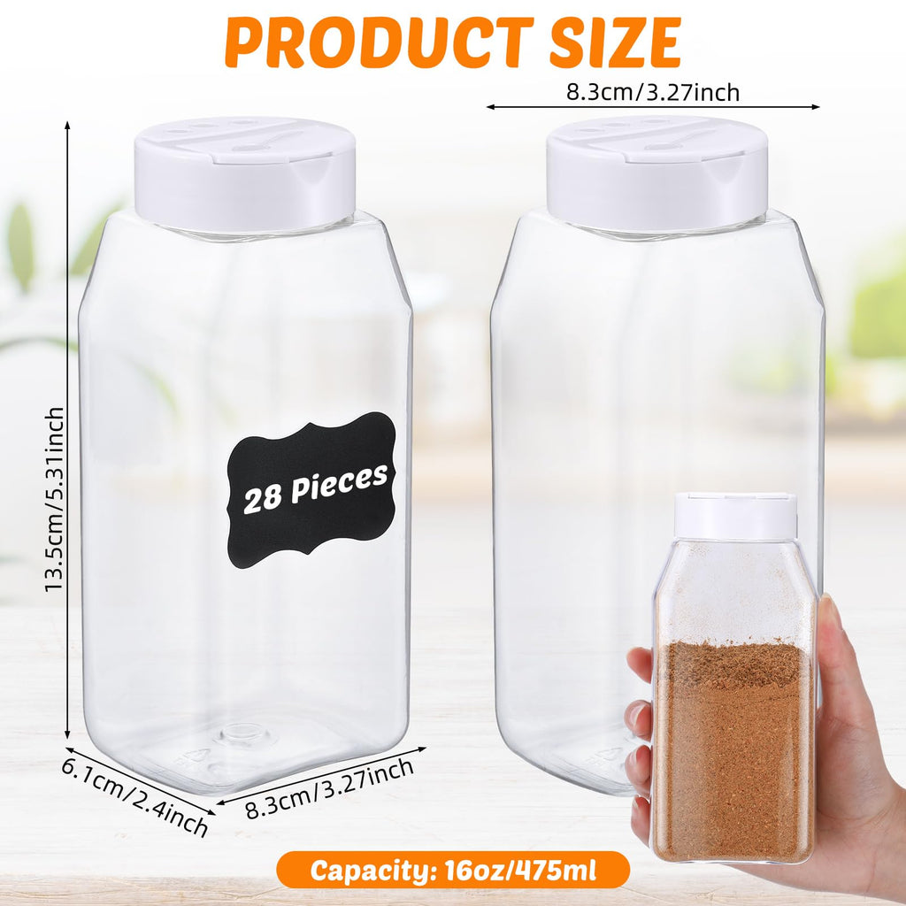 Mifoci 28 Pack 16 oz Plastic Spice Jars with Cap Square Plastic Bottle Containers with Shaker Lids and Stickers Large Seasoning Shaker Empty Powder Storage Container for Storing Salt Herbs (Black)