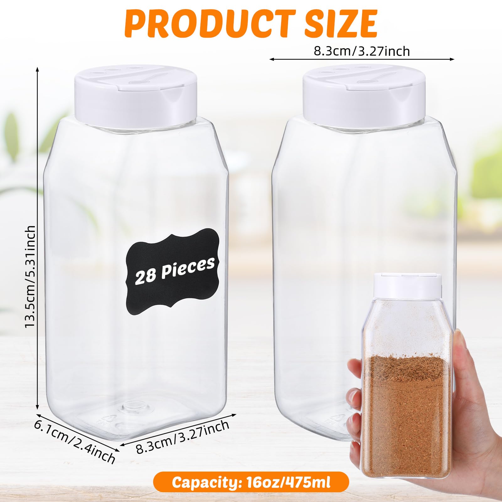 Mifoci 28 Pack 16 oz Plastic Spice Jars with Cap Square Plastic Bottle Containers with Shaker Lids and Stickers Large Seasoning Shaker Empty Powder Storage Container for Storing Salt Herbs (Black)