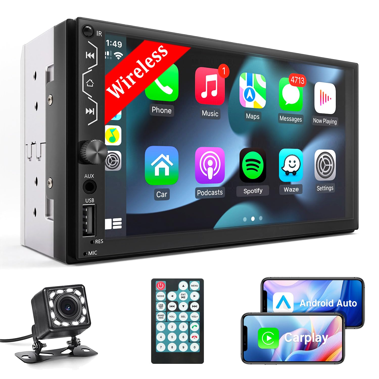 Leadfan Double Din Car Stereo with Dash Cam,7 Inch Full HD Touchscreen Car Audio Receiver Support Carplay and Android Auto,Car Stereo with Bluetooth,Mirror Link,Backup Camera,FM/USB/AUX/Subwoofer