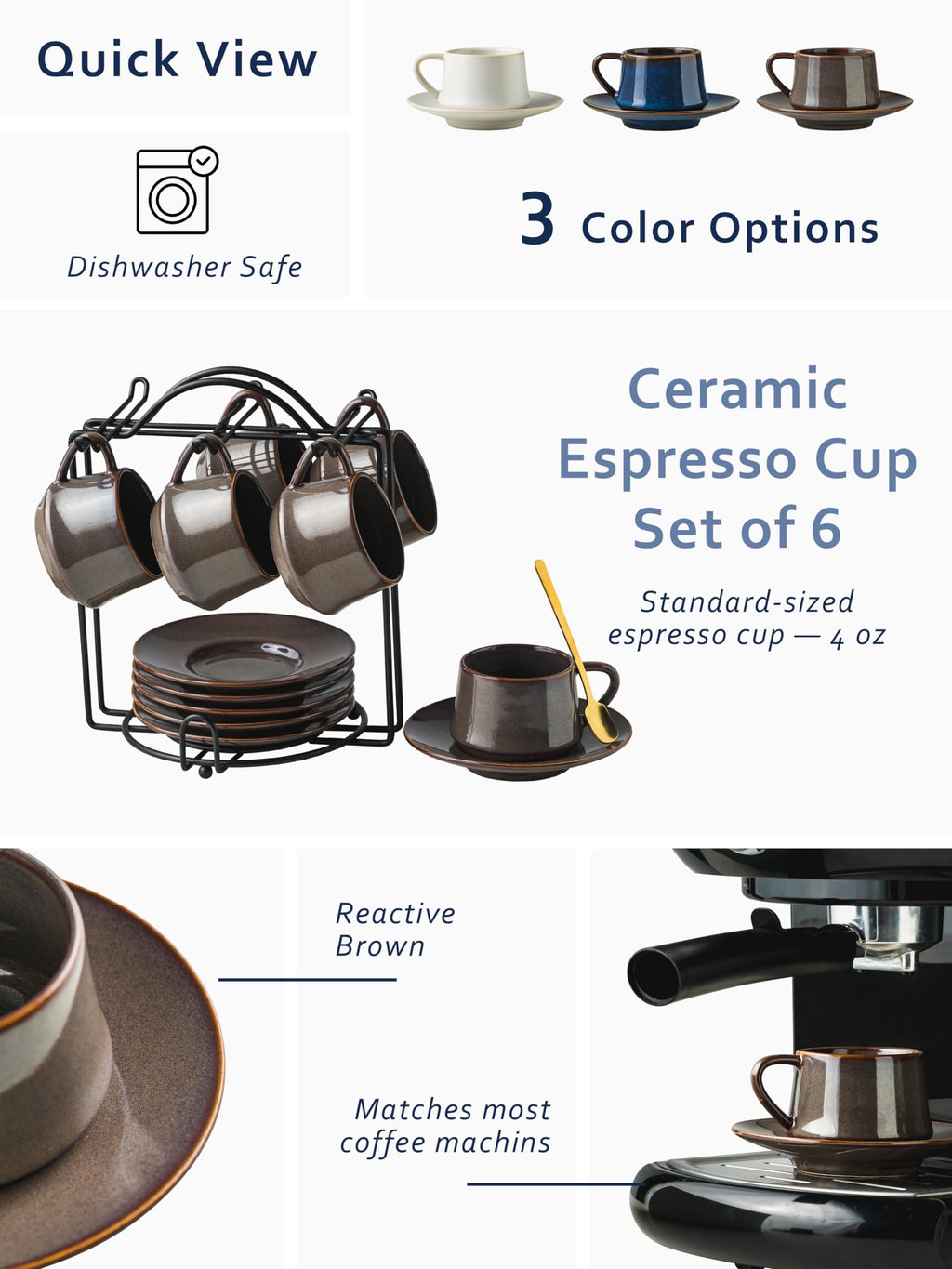 YHOSSEUN Ceramic Espresso Cups Set of 6, 4 OZ Expresso Shots Cup with Stand, Saucers & Spoons, Small Coffee Cup Demitasse Cups for Father's Day, Espresso Accessories for Machine, Black