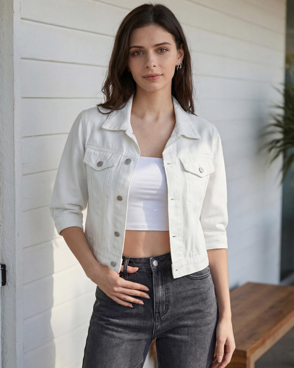Locachy Womens 3/4 Sleeve Short Denim Jacket Lapel Button Down Cropped Trucker Jean Jackets Coats