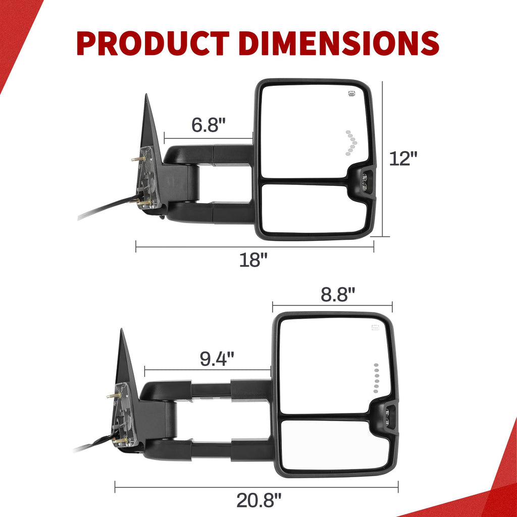 YITAMOTOR Towing Mirrors Compatible with 07-13 Silverado 1500 2500 3500 Tahoe Suburban Avalanche GMC Sierra Yukon Cadillac LED Turn Signal Light Power Heated Manual Telescoping Folding