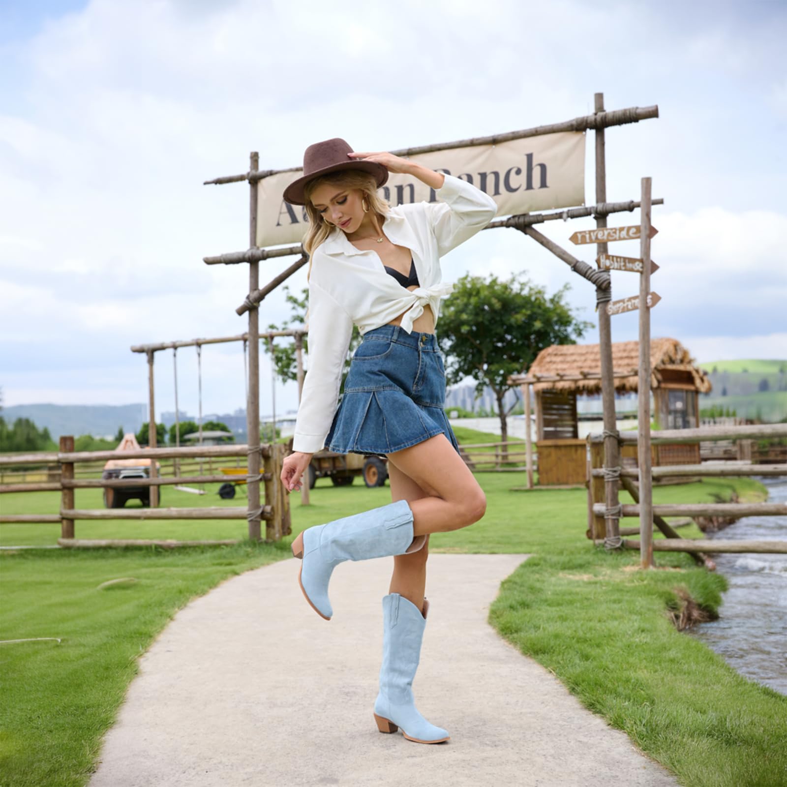 GORBINETI Women Cowboy Boots Mid Calf Cowgirl Western Boots Embroidered Suede Pull On Almond Toe Chunky Heel
