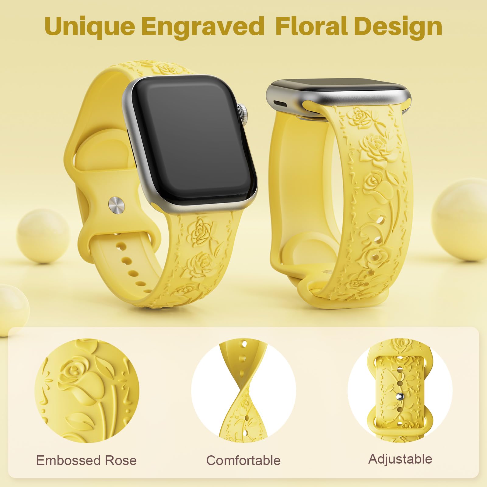 Floral Engraved Band Compatible with Apple Watch Band 40mm 41mm 38mm 42mm 44mm 45mm 46mm 49mm Women, Soft Silicone Cute Embossed Flower Strap for iWatch Band Series SE Ultra 11 10 9 8 7 6 5 4 3 2 1