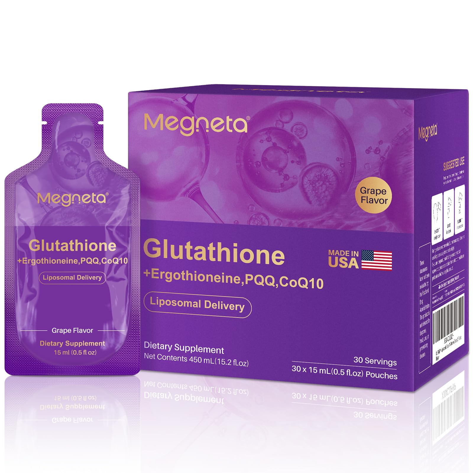 Liposomal Glutathione Supplement – 500mg Glutathione with PQQ, CoQ10 & Vitamin C – High Absorption Antioxidant for Immune & Energy Support – Grape Flavor, 30 Pouch