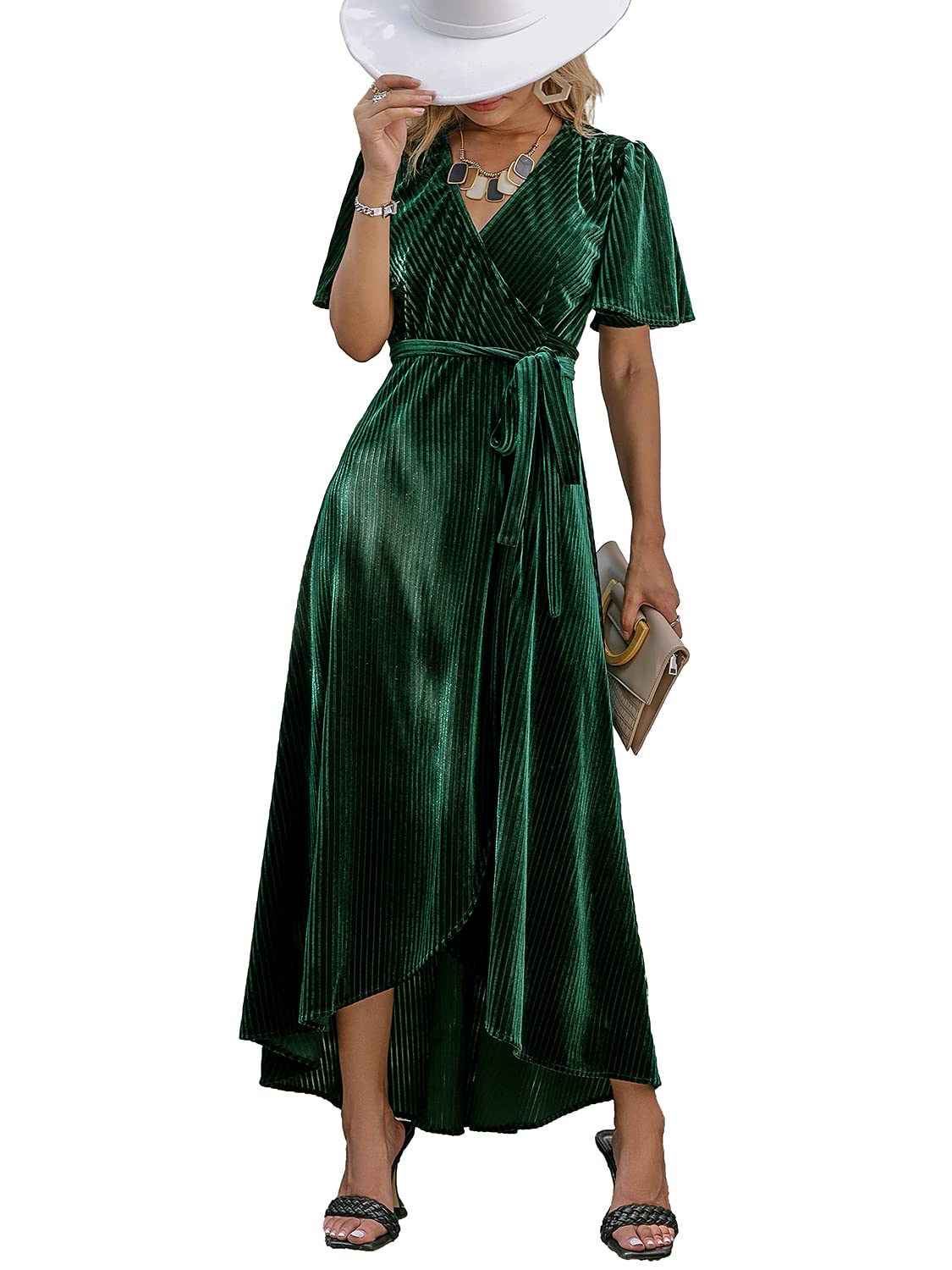 BerryGo Women's Velvet V Neck Wrap Semi Formal Dress Cocktail Party Maxi Dress for Wedding Guest