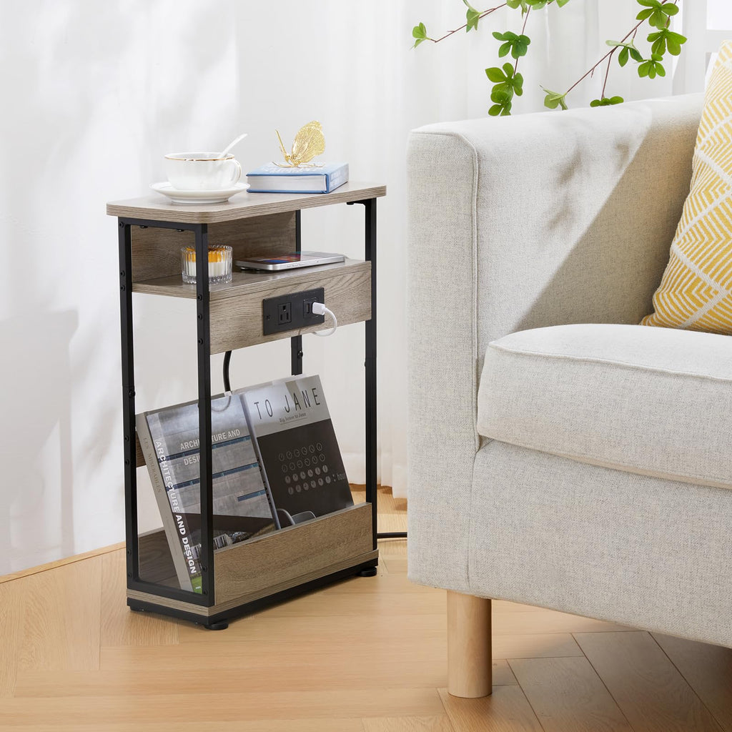 YEAKOO Narrow Side Table with Charging Station, 3-Tier End Table with 2 USB Ports & Power Outlets,Thin Sofa Side Table for Narrow and Small Spaces, Bedside Table Nightstand for Living Room,Black